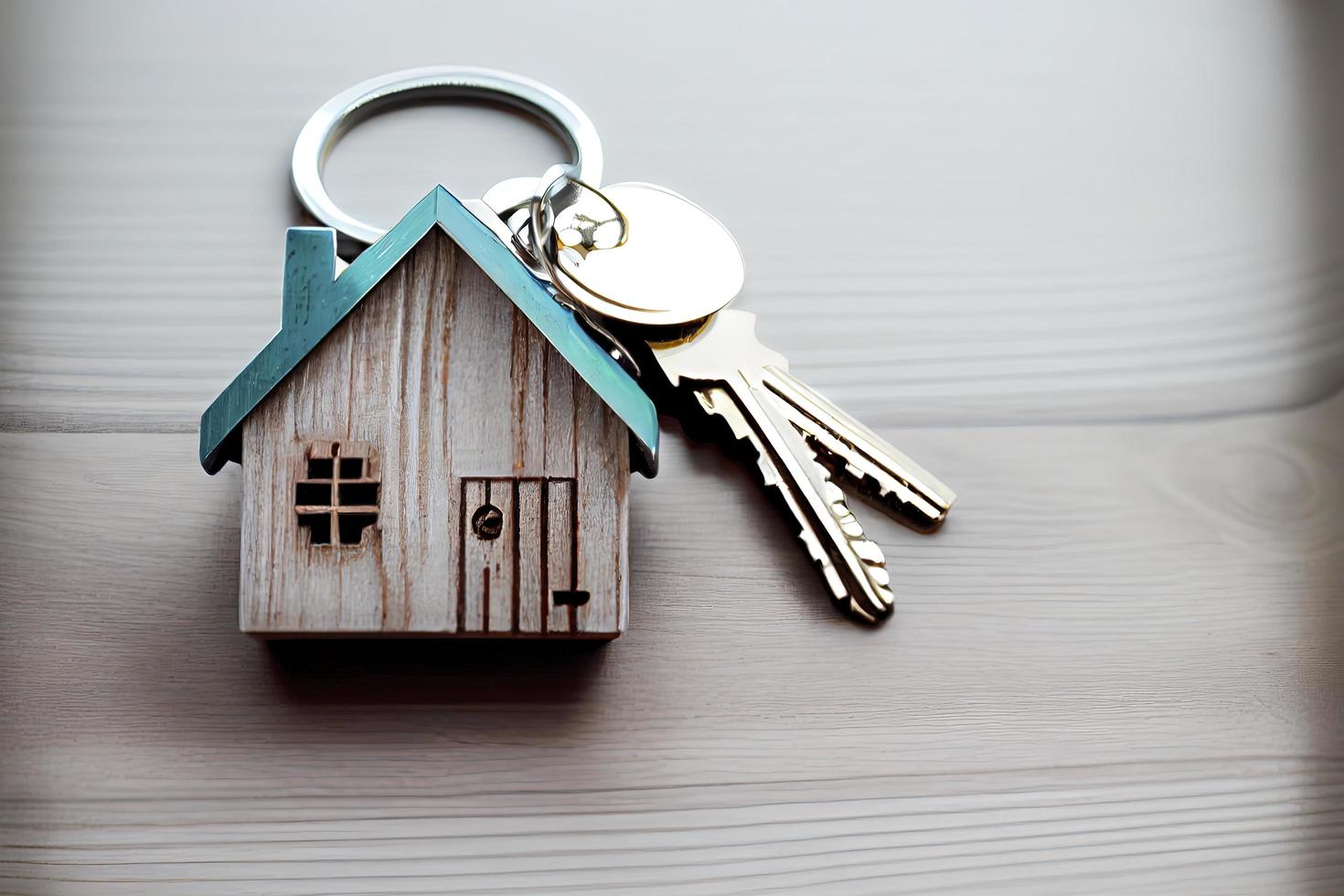 Immobilienkonzept - Schlüsselanhänger und Schlüssel auf weißem Holzhintergrund foto