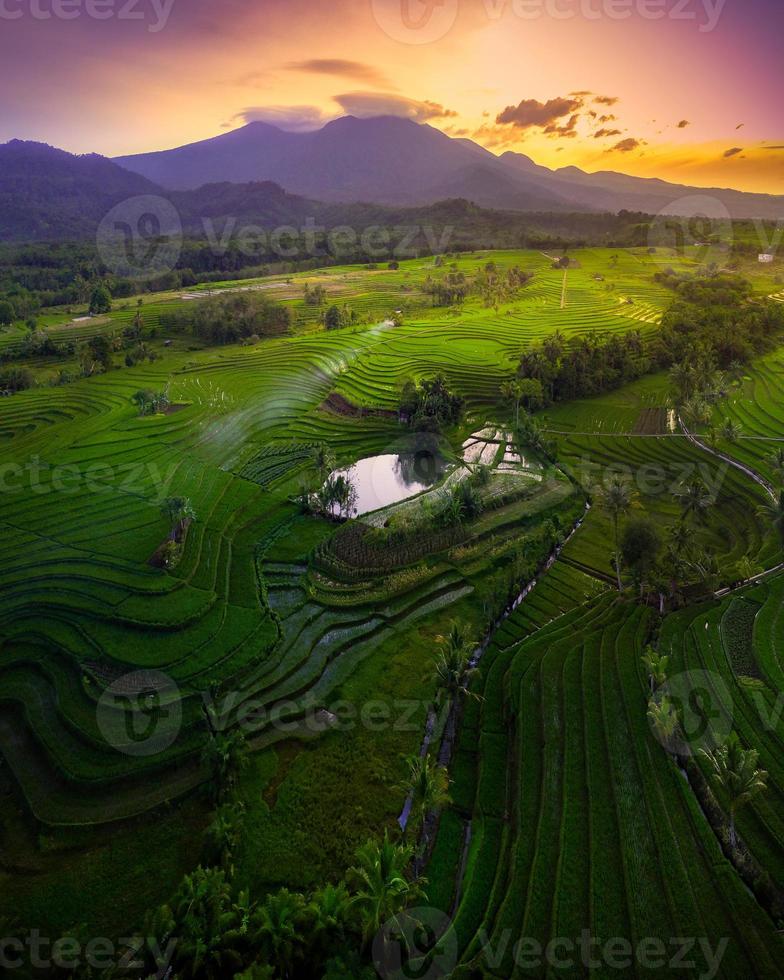 morgenansicht in indonesien mit grünem reisberg bei sonnenaufgang, der hell leuchtet foto