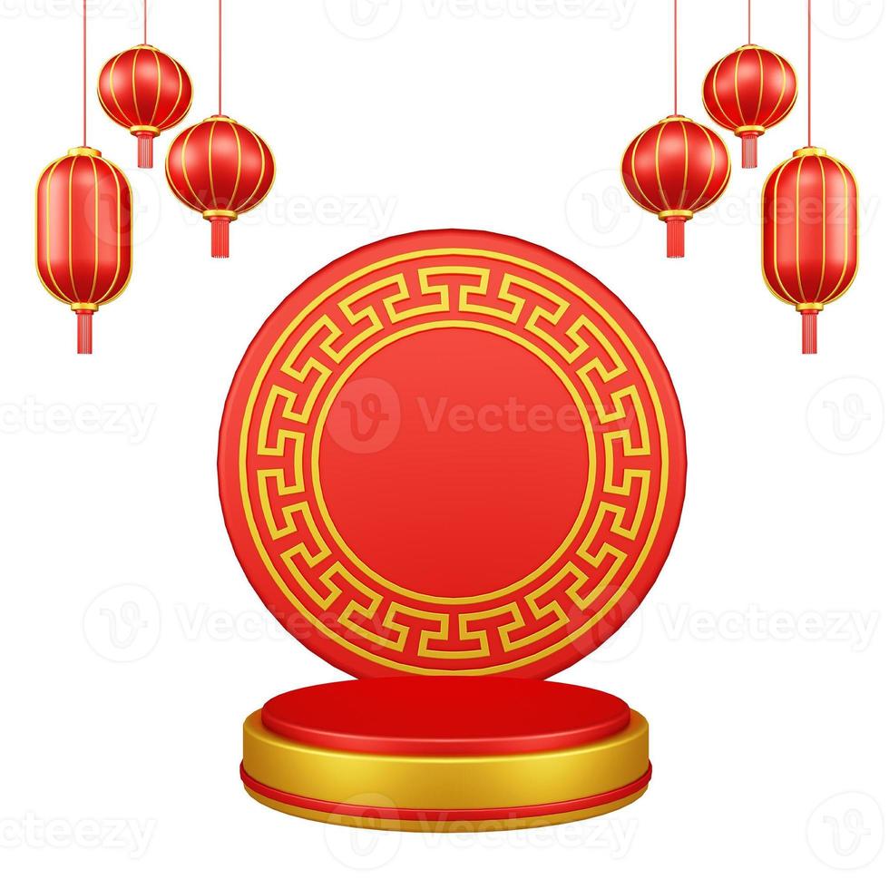3d-illustration des chinesischen neujahrs mit verzierung für eventwerbung social media-landingpage-geschenkbox mit asiatischen papierlampen foto