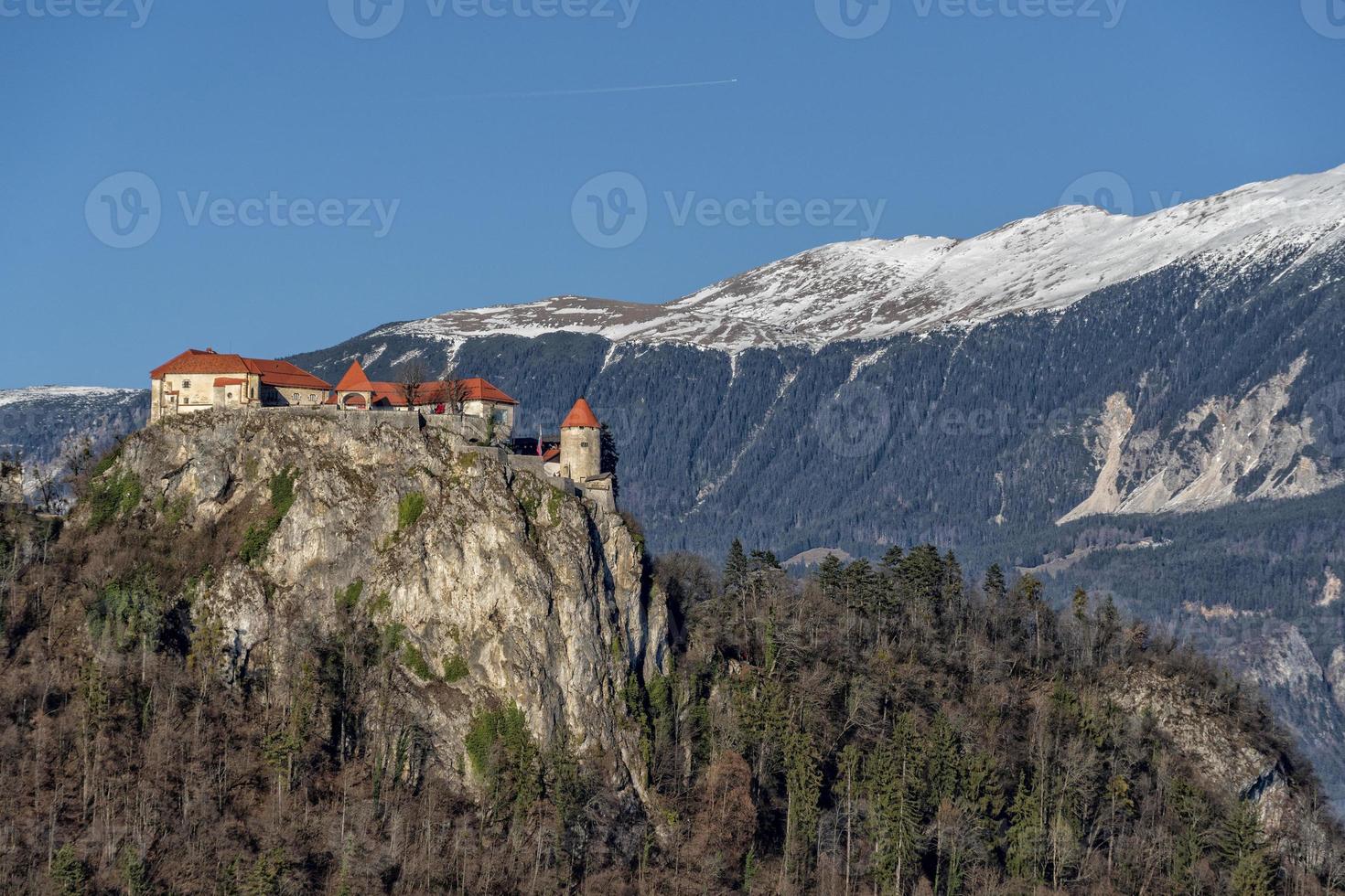 Bleder See Burg Luftbild Panorama im Winter foto