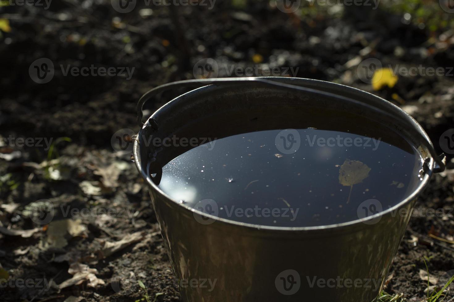 Wasser im Eimer. Eimer im Garten. Wasser zum Gießen von Pflanzen. Details des Landlebens. foto