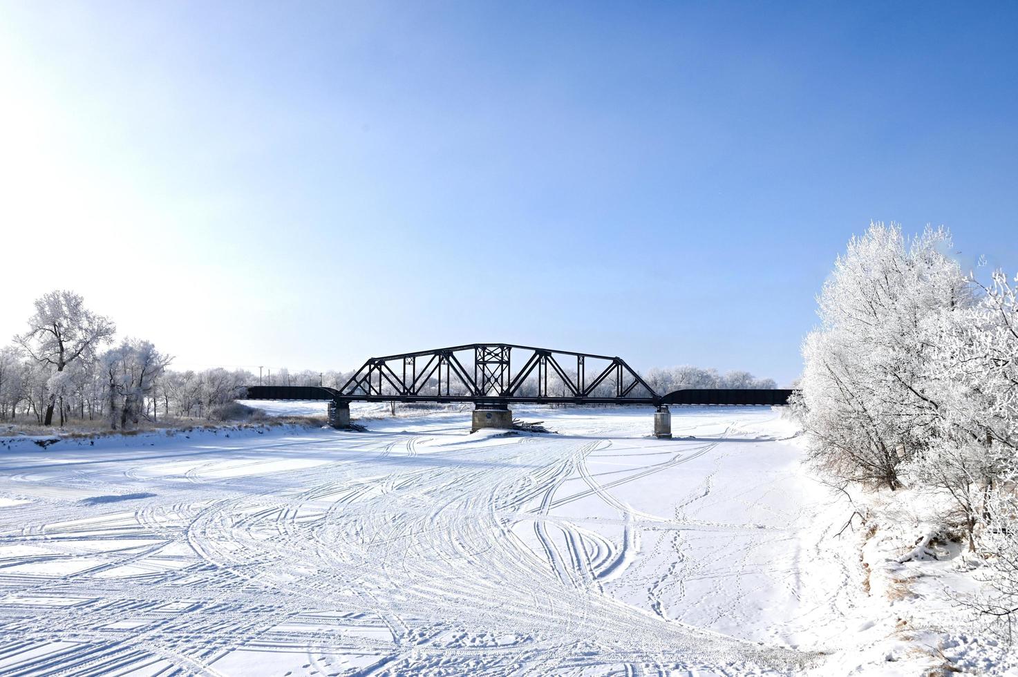eine Eisenbahnbrücke über einen zugefrorenen Fluss mit frostbedeckten Bäumen am Ufer foto