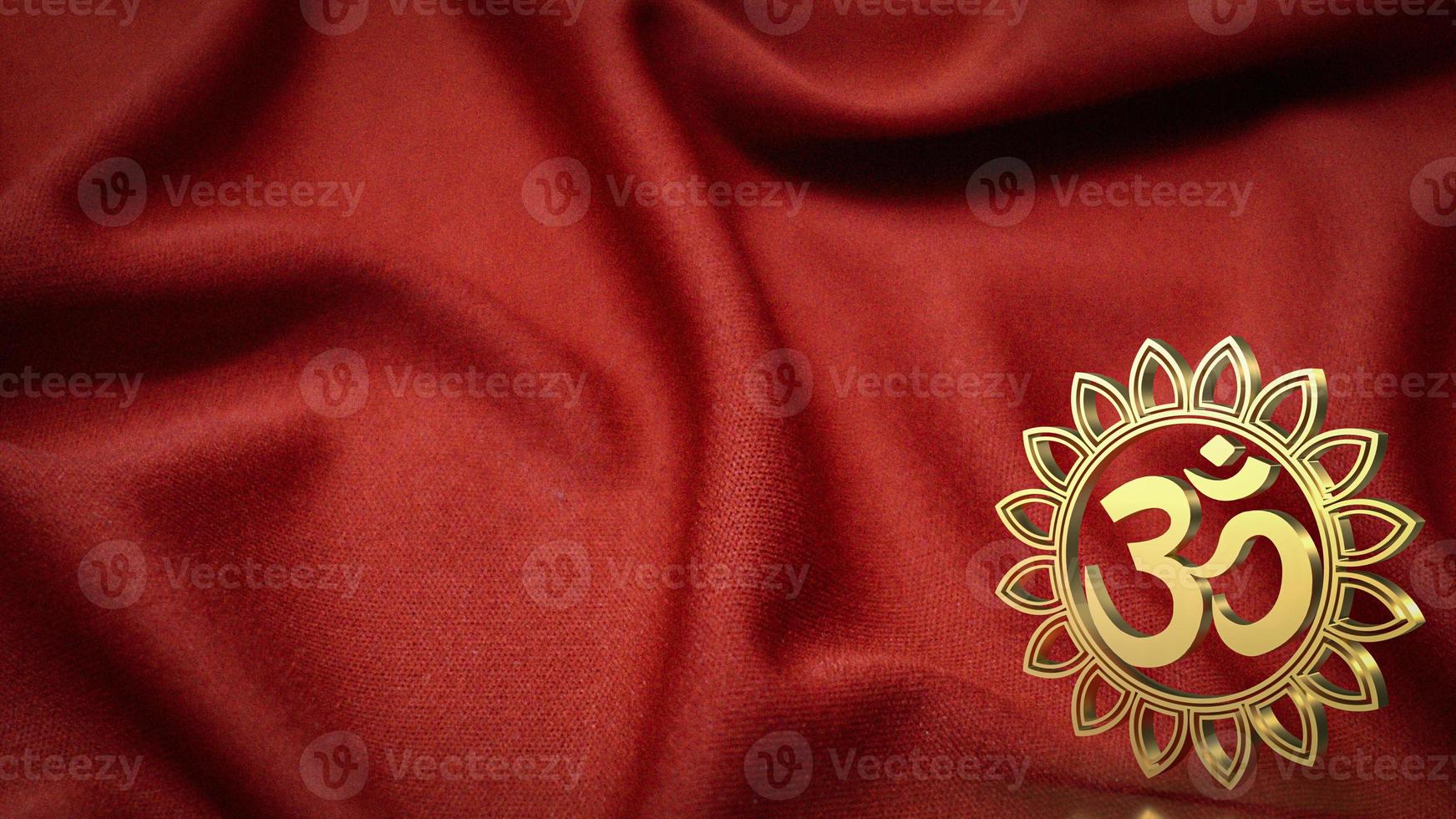 Das goldene Ohm-Hindu-Symbol auf roter Seide für das 3D-Rendering des Hintergrundkonzepts foto