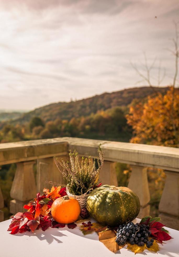 Herbstdekor auf einem Tisch im Freien mit Aussicht foto