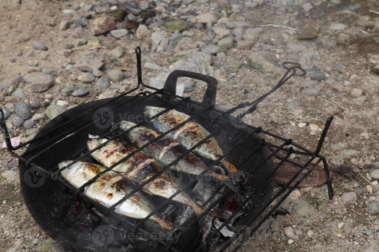 der Prozess der Herstellung von gegrilltem Fisch, der über Kokosnussschalenkohlen verbrannt wird foto