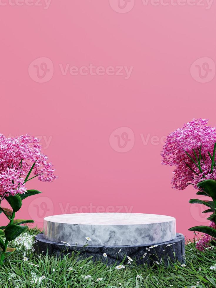 Einfaches minimalistisches Podium aus Keramikstein und rosafarbene Wand mit rosafarbenen Blumenbäumen und Gras, 3D-Rendering foto