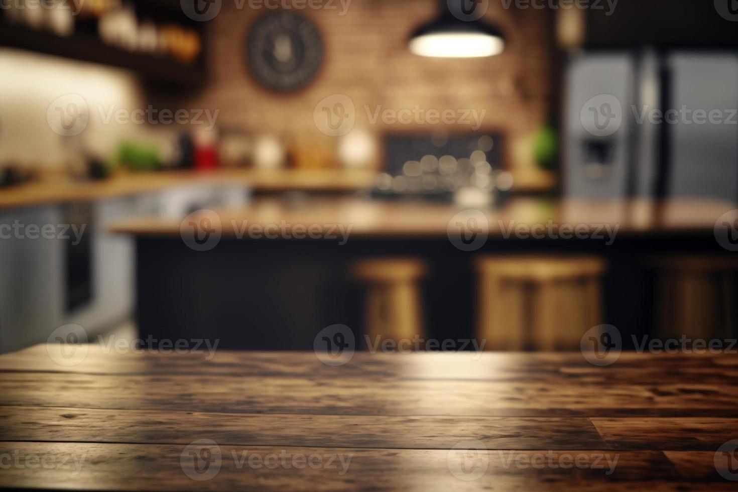 Holztischplatte mit unscharfem Hintergrund foto
