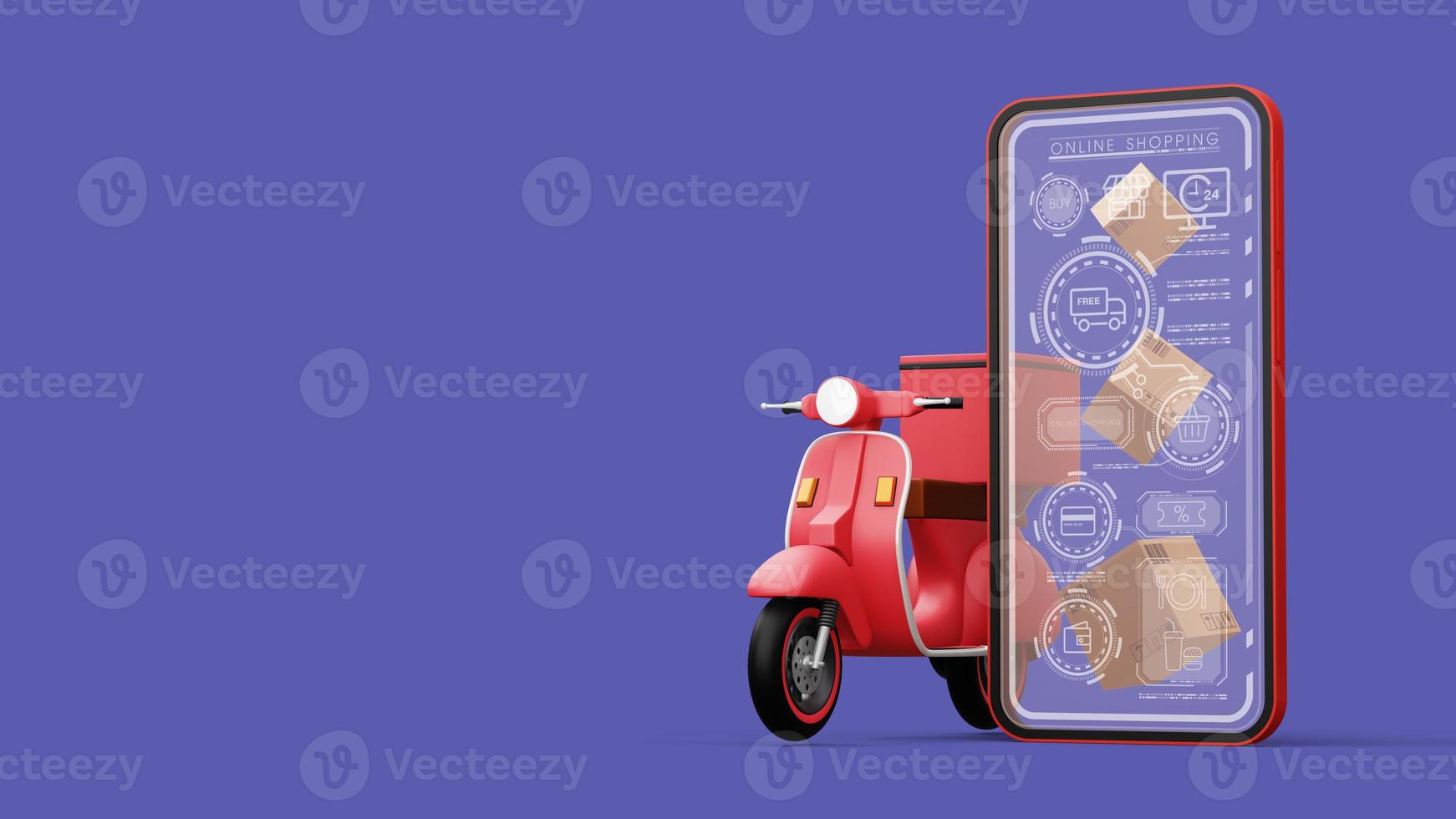 lieferkurierdienst, online-shopping, motorrad mit paketkasten, 3d-rendering foto