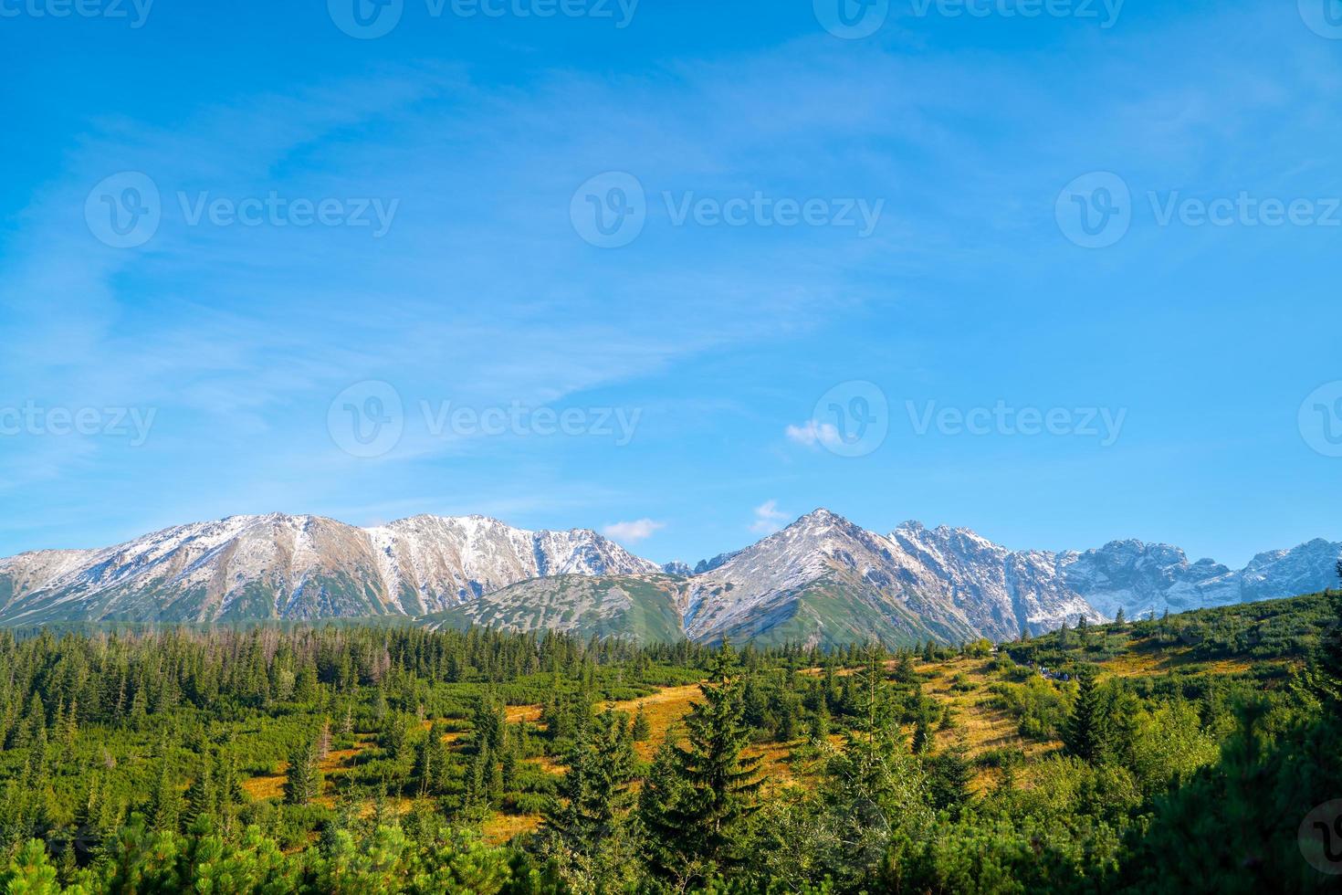 sonniger tag des hohen tatra-bergherbstes, entspannende landschaft, alpenblick. natürliche Aussicht während des Sommertrekkings im Hochland mit Blick auf Gipfel und felsige Hügel. Nationalpark in Polen. foto