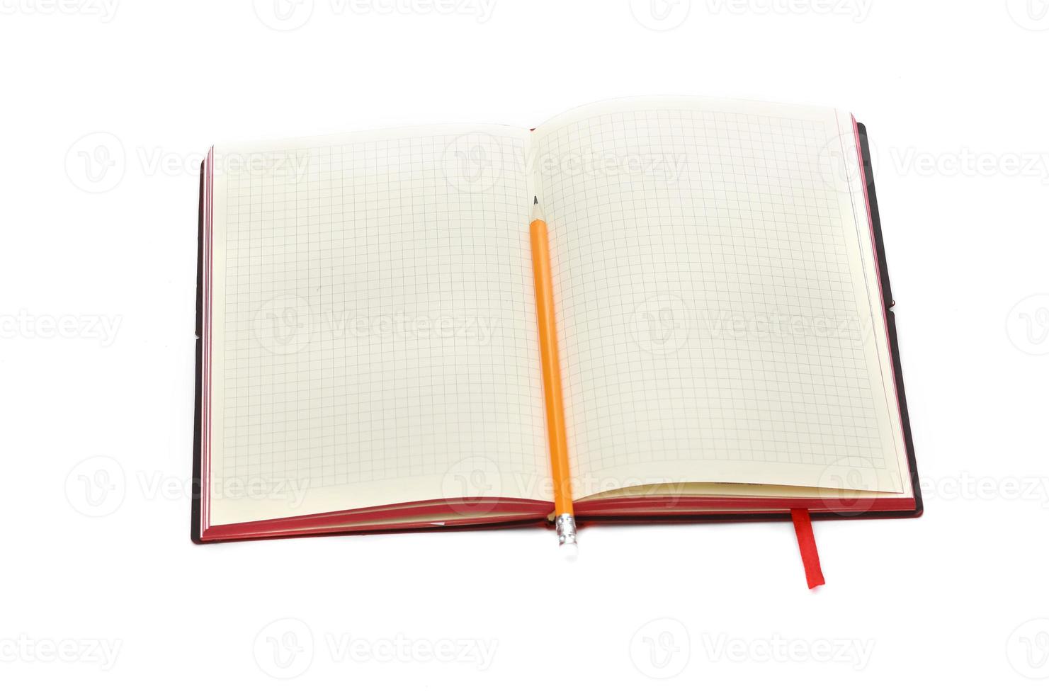 Geschäftskonzept. Draufsicht-Sammlung von Notizbuch, weißer, offener, gewellter Seite und Bleistift auf dem Hintergrund für Mockup foto