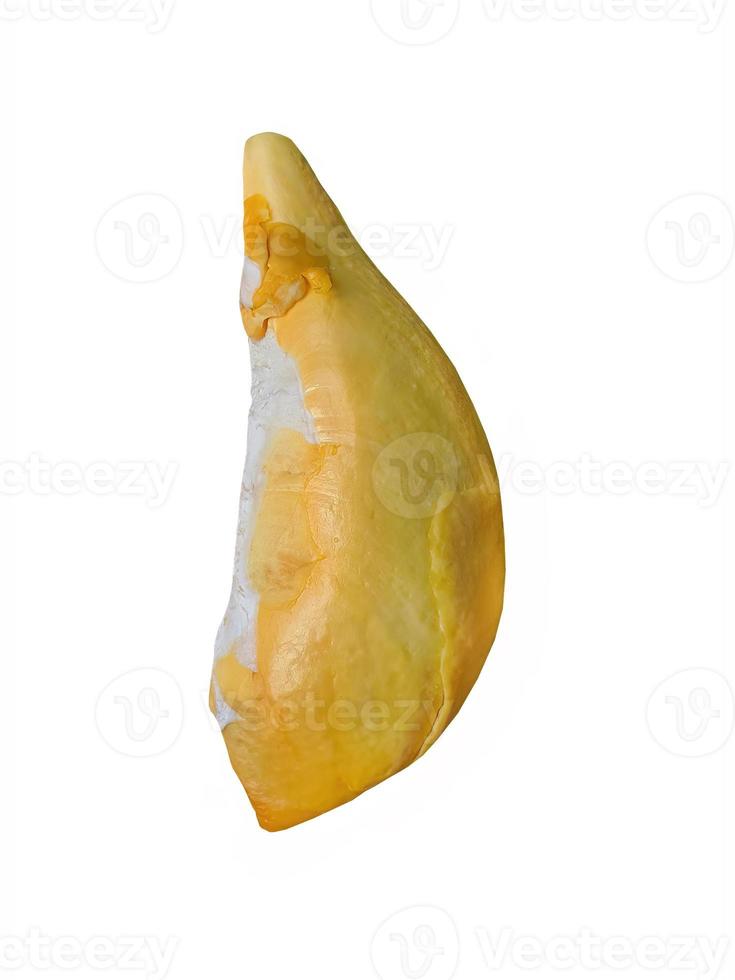 nahaufnahme eine goldgelbe farbe von durianfleisch, süßer geschmack, natürliche form und form, tropische früchte der saison, könig der früchte, thailand, weißer hintergrund, isoliert, ausgeschnitten, mit beschneidungspfad foto