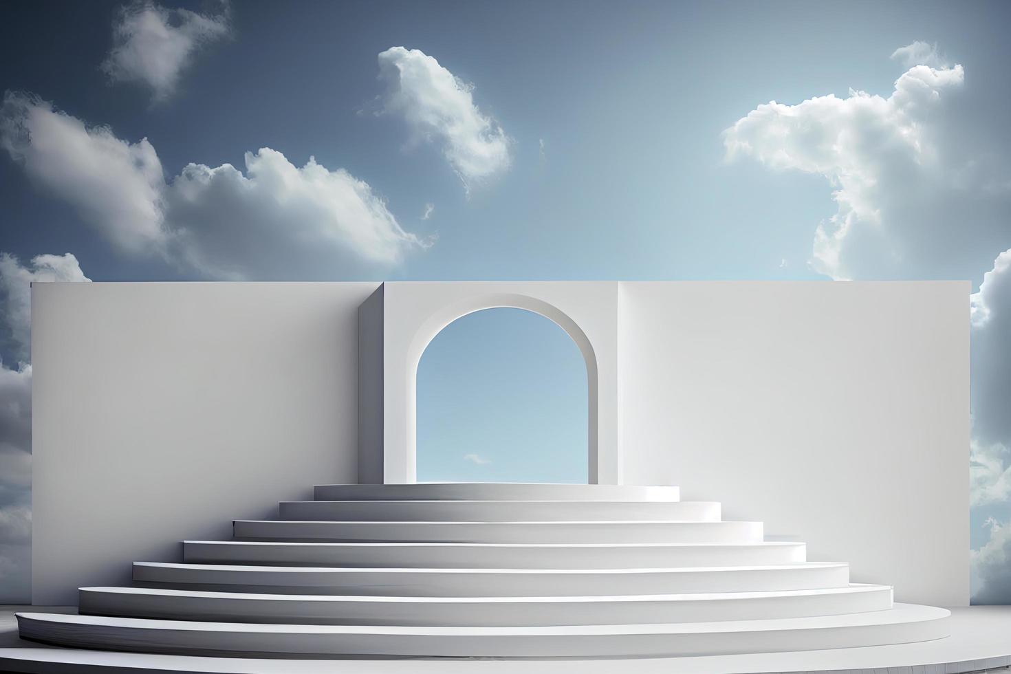 Vorderansicht des weißen Podiums und der Treppe mit Leerzeichen im Hintergrund des blauen bewölkten Himmels foto