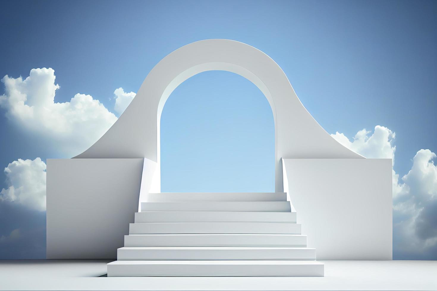 Vorderansicht des weißen Podiums und der Treppe mit Leerzeichen im Hintergrund des blauen bewölkten Himmels foto