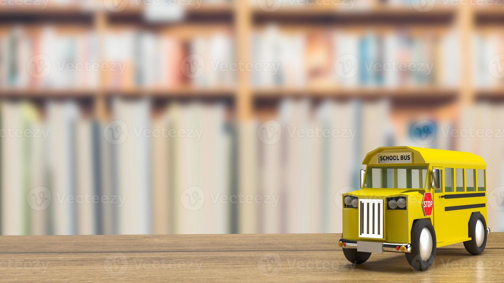 der schulbus auf holztisch für bildung oder transportkonzept 3d-rendering foto