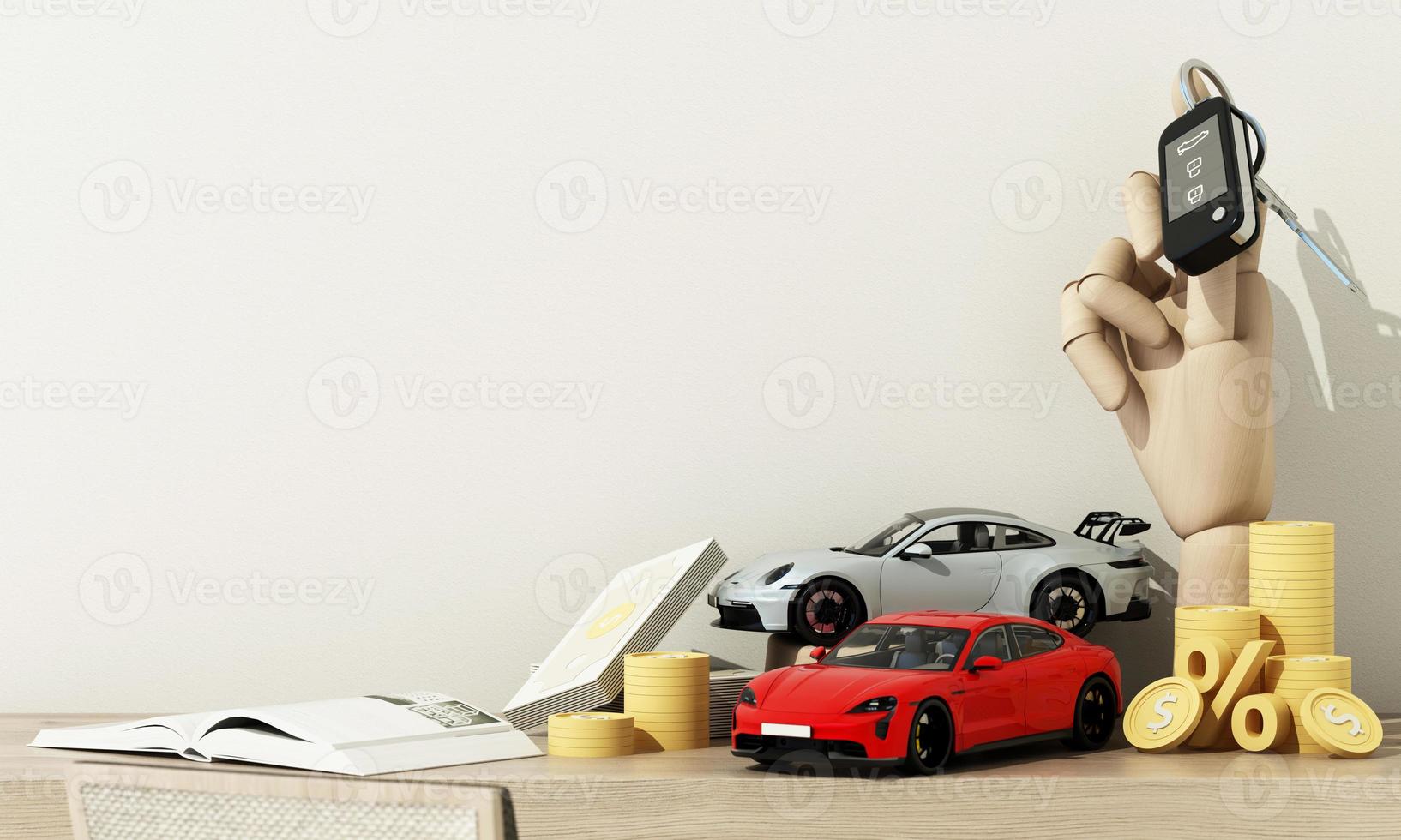 konzeptauto mit münzen und bargeld, autosteuer und finanzierung, autoversicherung und autokredite, konzepte sparen geld beim autokauf. auf Holztischhintergrund. 3D-Rendering foto