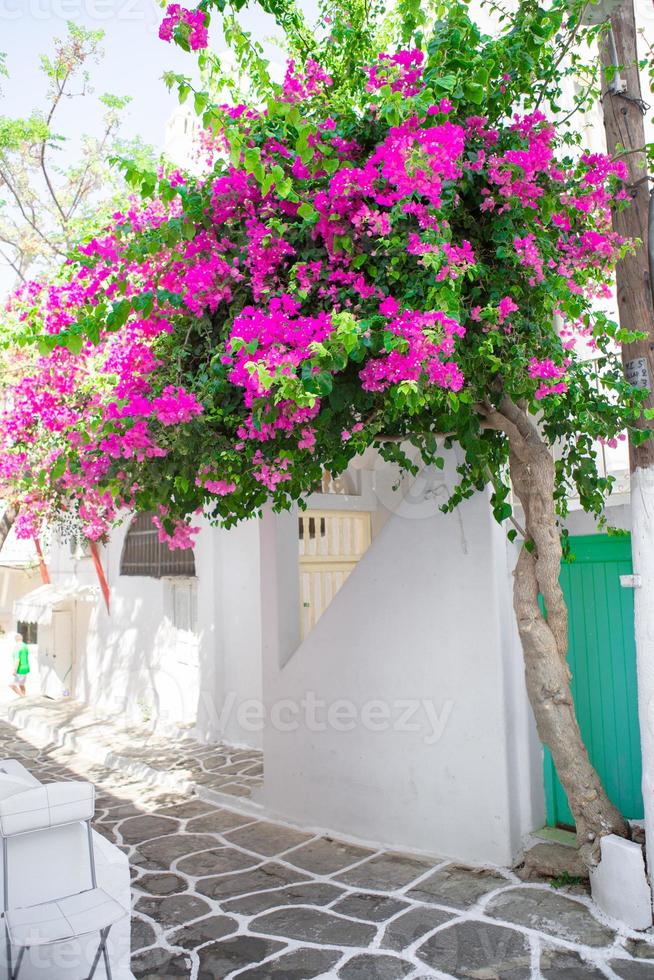 Die engen Gassen mit blauen Balkonen, Treppen, weißen Häusern und Blumen im schönen Dorf in Griechenland. schöne architektur gebäude außen mit kykladischem stil in mykonos foto