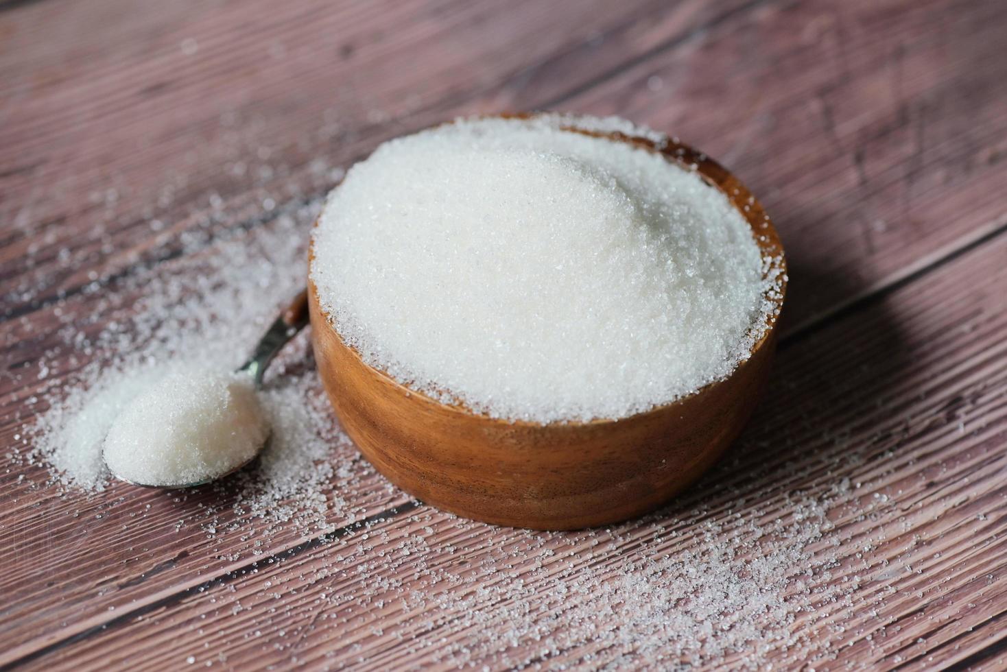 Zucker auf Holzschale und Löffel Hintergrund, weißer Zucker für Lebensmittel und Süßigkeiten Dessert Candy Haufen von süßem Zucker kristallin granuliert foto