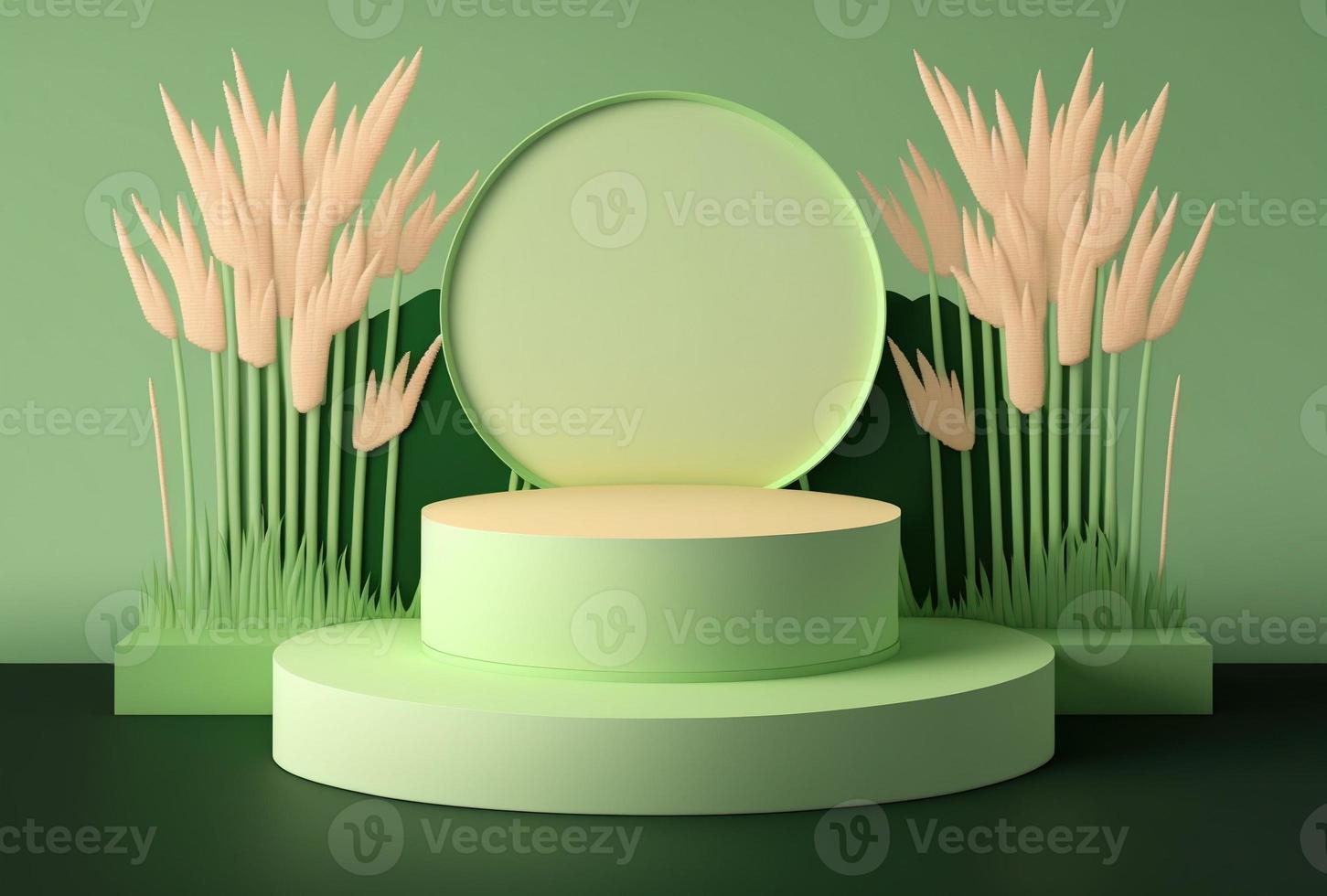 3D-Podium mit grünem Gras für Produktpräsentation und -präsentation foto