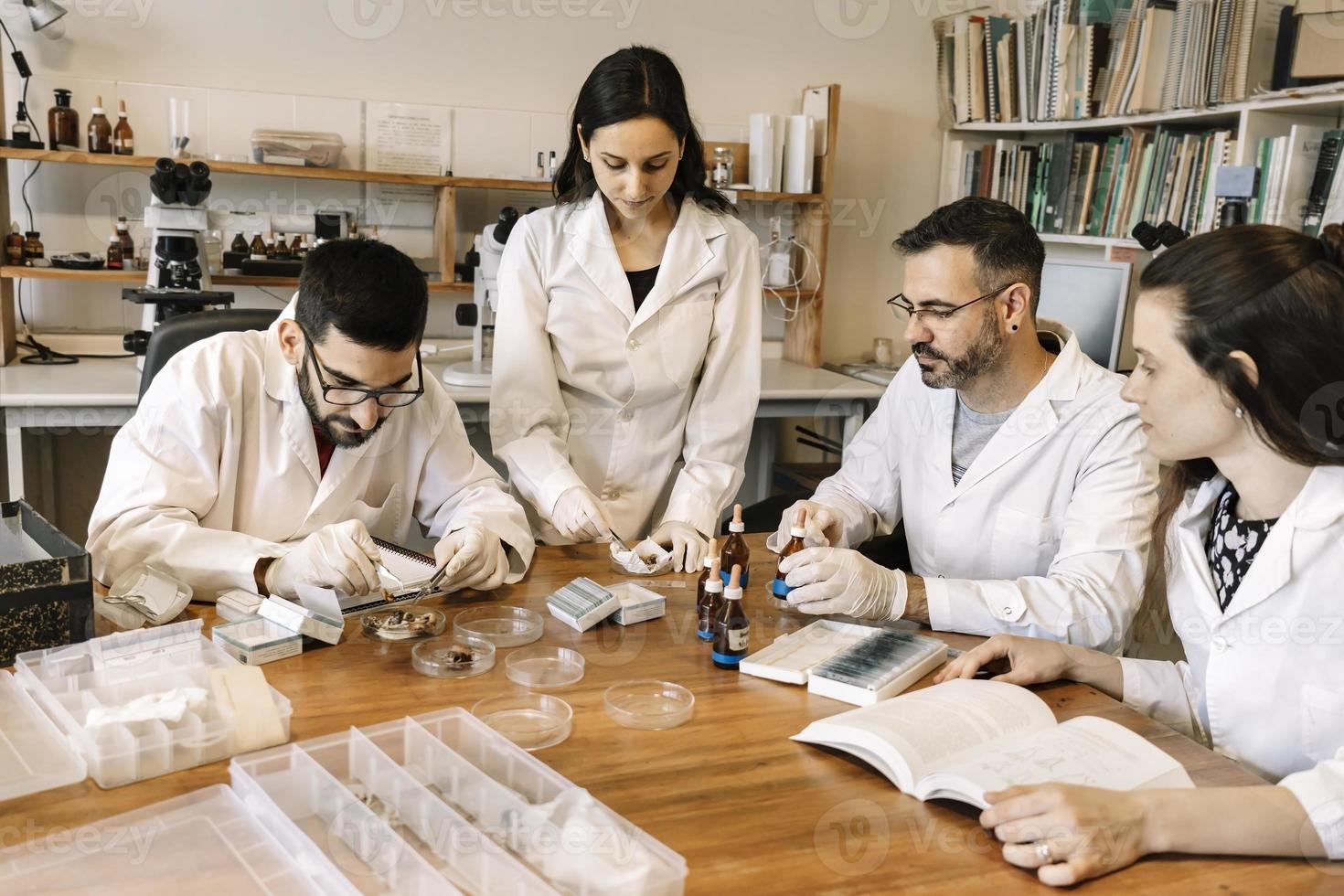 Gruppe von Studenten, die im Labor arbeiten foto