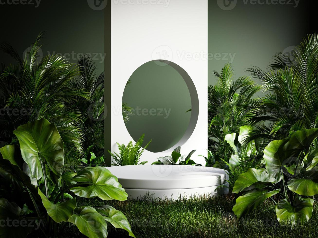 weißes podium im tropischen wald für produktpräsentation und grünen hintergrund. foto