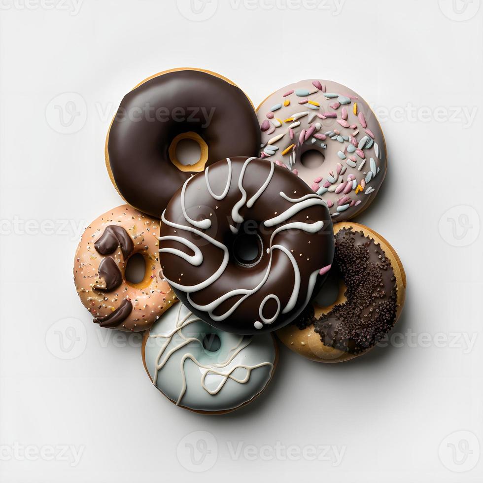 Donuts auf weißem Hintergrund, perfekt für Werbung, Verpackung, Menüs, Kochbücher. Hervorheben von Texturen und Details, Aufnahme von oben, hochauflösend, geeignet für Druck, Poster, Banner und mehr foto