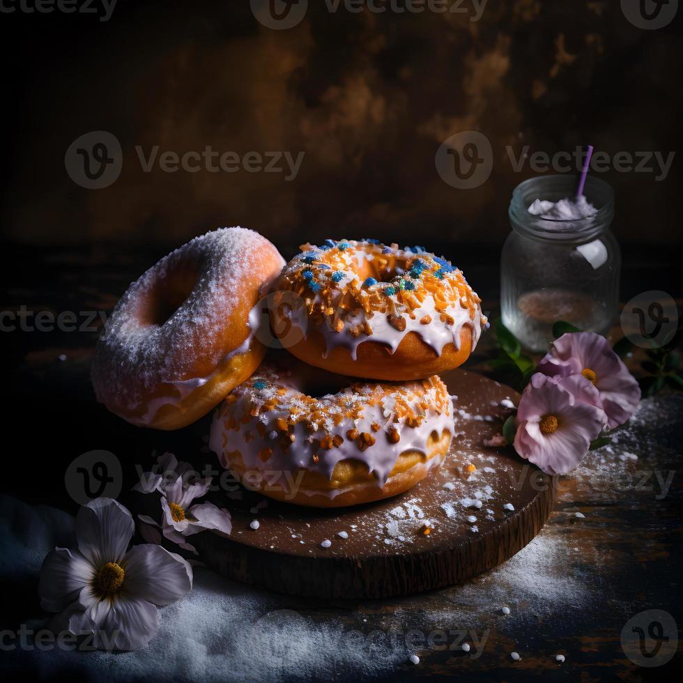 Donuts auf weißem Hintergrund, perfekt für Werbung, Verpackung, Menüs, Kochbücher. Hervorheben von Texturen und Details, Aufnahme von oben, hochauflösend, geeignet für Druck, Poster, Banner und mehr foto