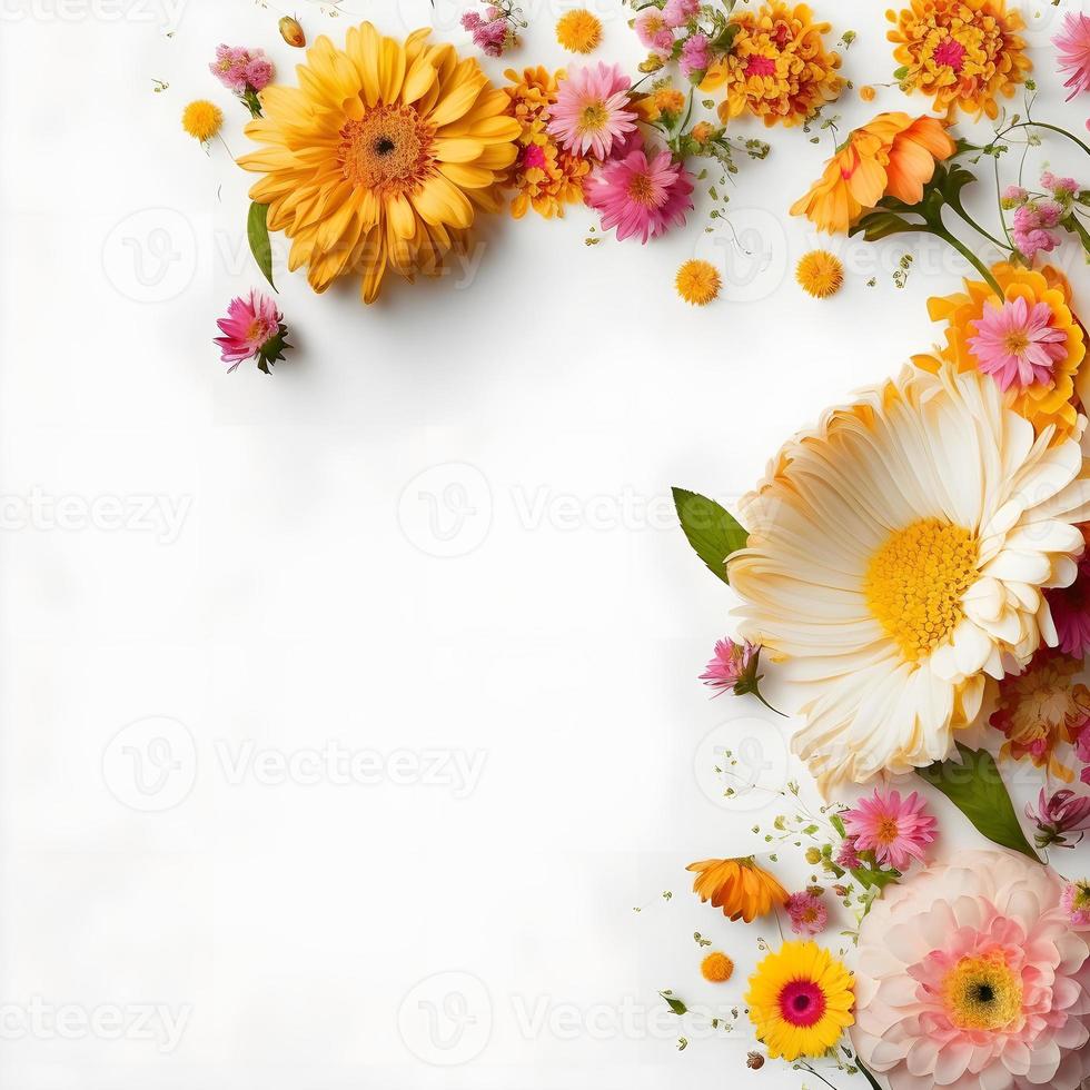 Blumenhintergrundfoto von oben mit viel Platz zum Kopieren, perfekt für Website-Hintergründe, Social-Media-Beiträge, Werbung, Verpackung usw. lebendige Blumen, üppiges Grün, geringe Schärfentiefe. foto