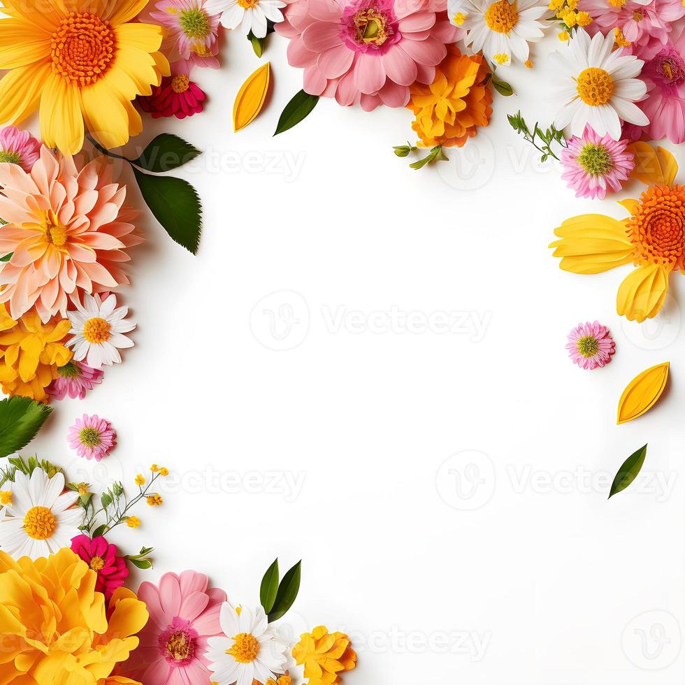 Blumenhintergrundfoto von oben mit viel Platz zum Kopieren, perfekt für Website-Hintergründe, Social-Media-Beiträge, Werbung, Verpackung usw. lebendige Blumen, üppiges Grün, geringe Schärfentiefe. foto