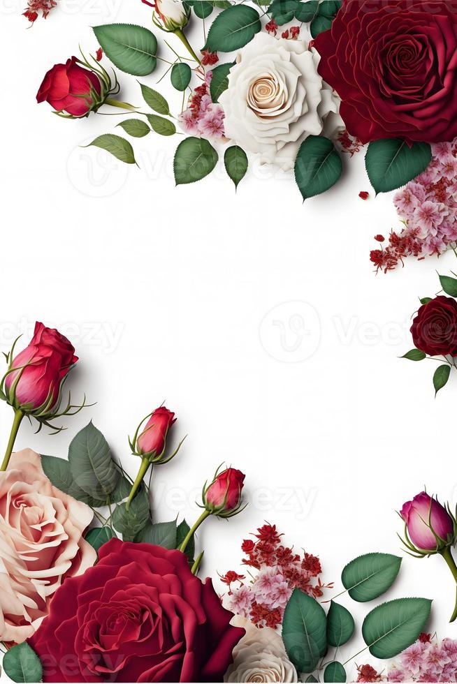 Ein atemberaubendes Bild mit einer roten und rosa Rosenblüte mit einer Leerstelle in der Mitte, perfekt zum Hinzufügen von Text oder Überlagern von Grafiken. Dieses Foto ist ideal für die Verwendung in sozialen Medien und auf Websites