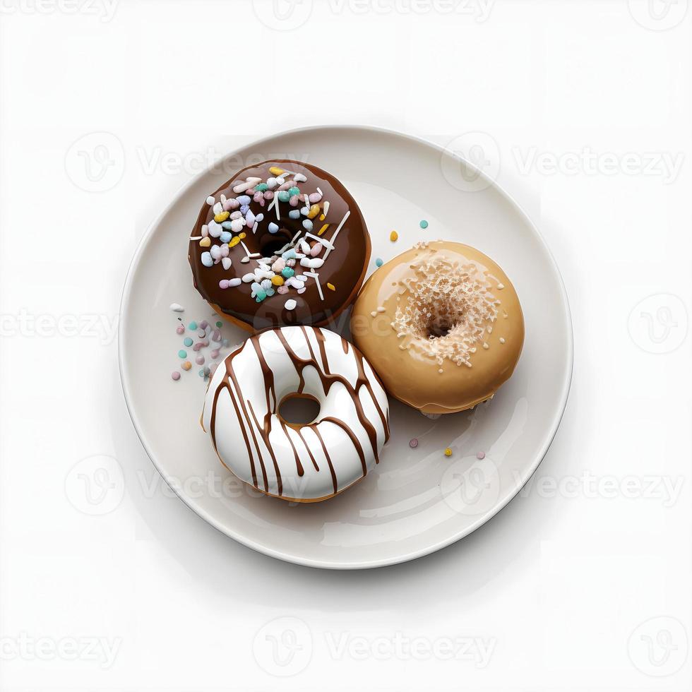 Donuts auf weißem Hintergrund, perfekt für Werbung, Verpackung, Menüs, Kochbücher. Hervorheben von Texturen und Details, Aufnahme von oben, hochauflösend, geeignet für Druck, Poster, Banner und mehr foto