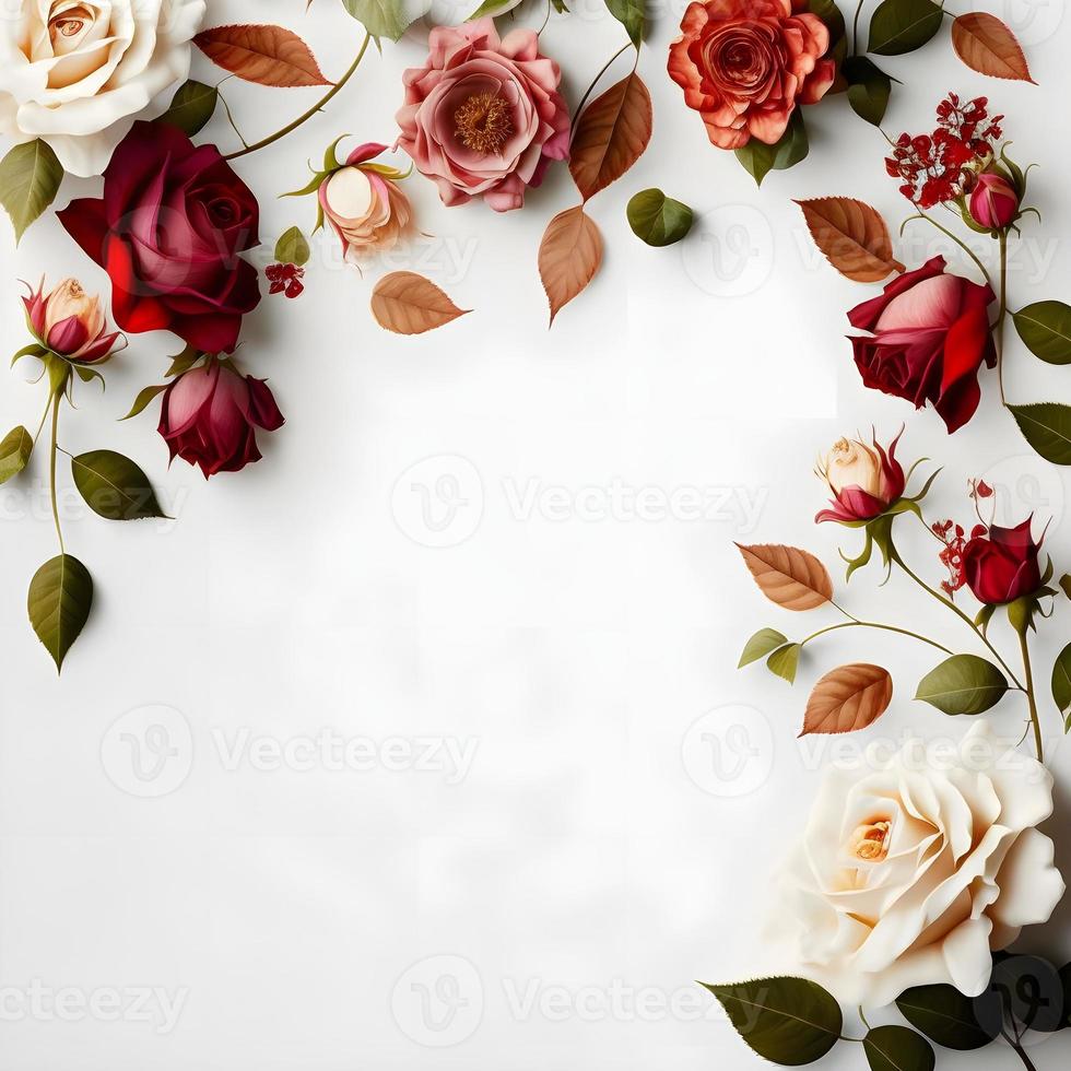 Ein atemberaubendes Bild mit einer roten und rosa Rosenblüte mit einer Leerstelle in der Mitte, perfekt zum Hinzufügen von Text oder Überlagern von Grafiken. Dieses Foto ist ideal für die Verwendung in sozialen Medien und auf Websites