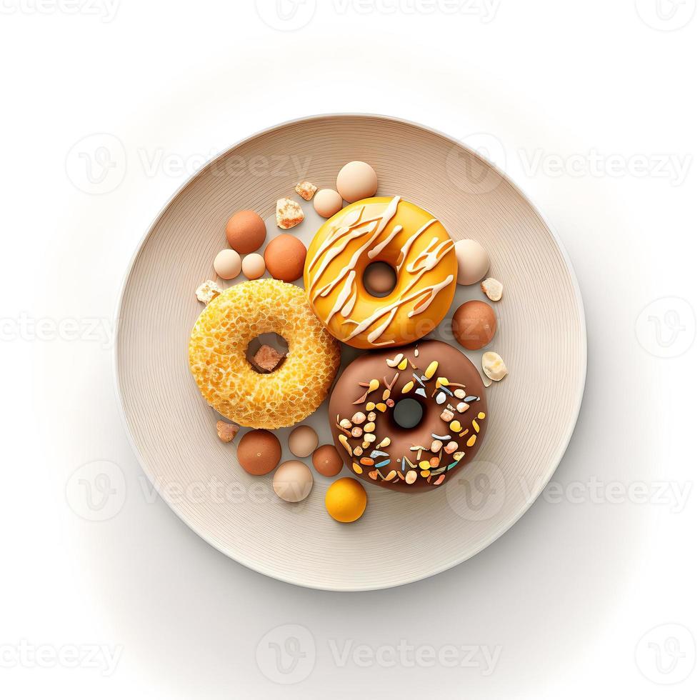 Donuts auf weißem Hintergrund, perfekt für Werbung, Verpackung, Menüs, Kochbücher. Hervorheben von Texturen und Details, Aufnahme von oben, hochauflösend, geeignet für Druck, Poster, Banner und mehr foto