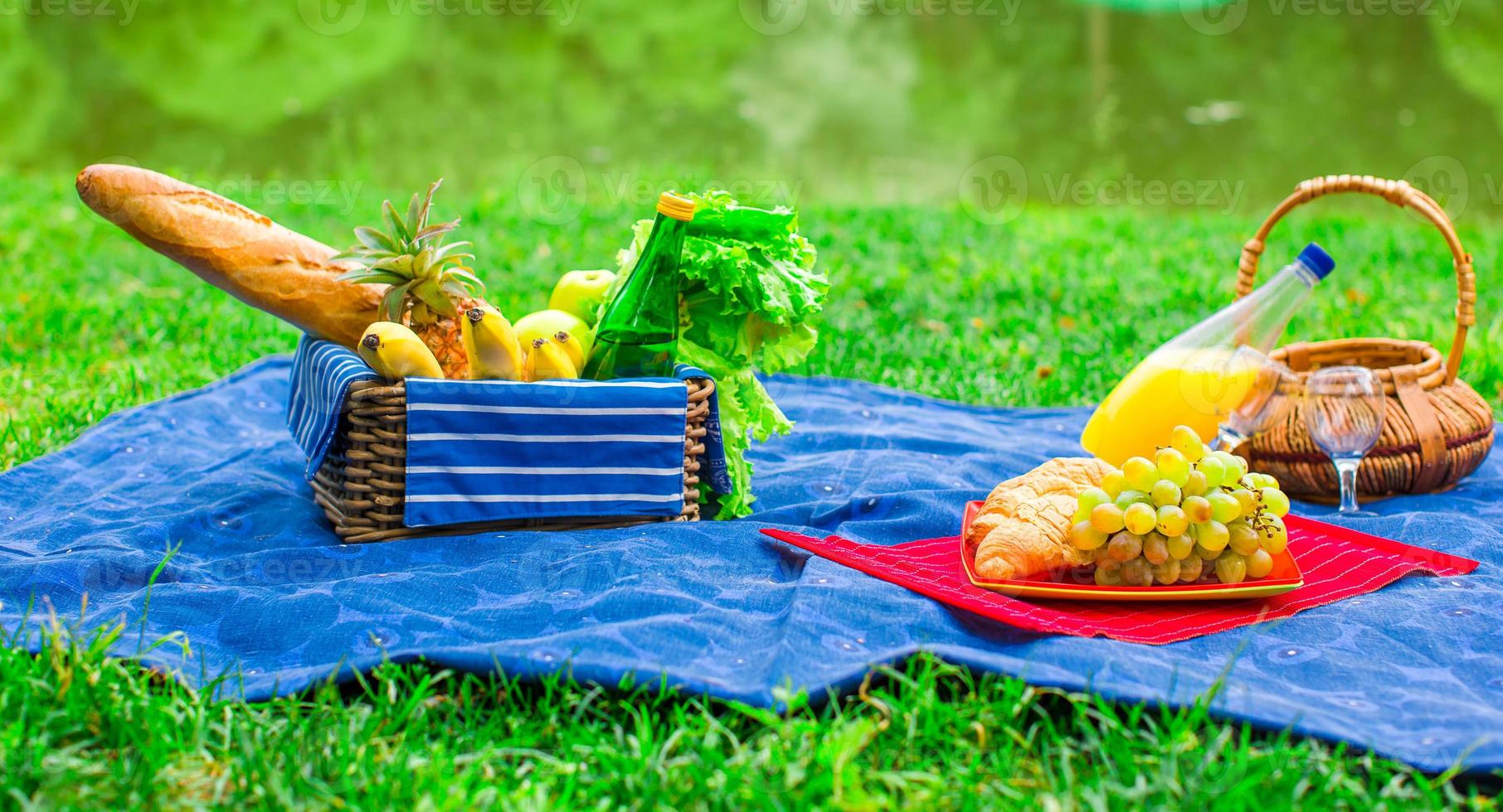 Picknickkorb mit Obst, Brot und einer Flasche Weißwein foto