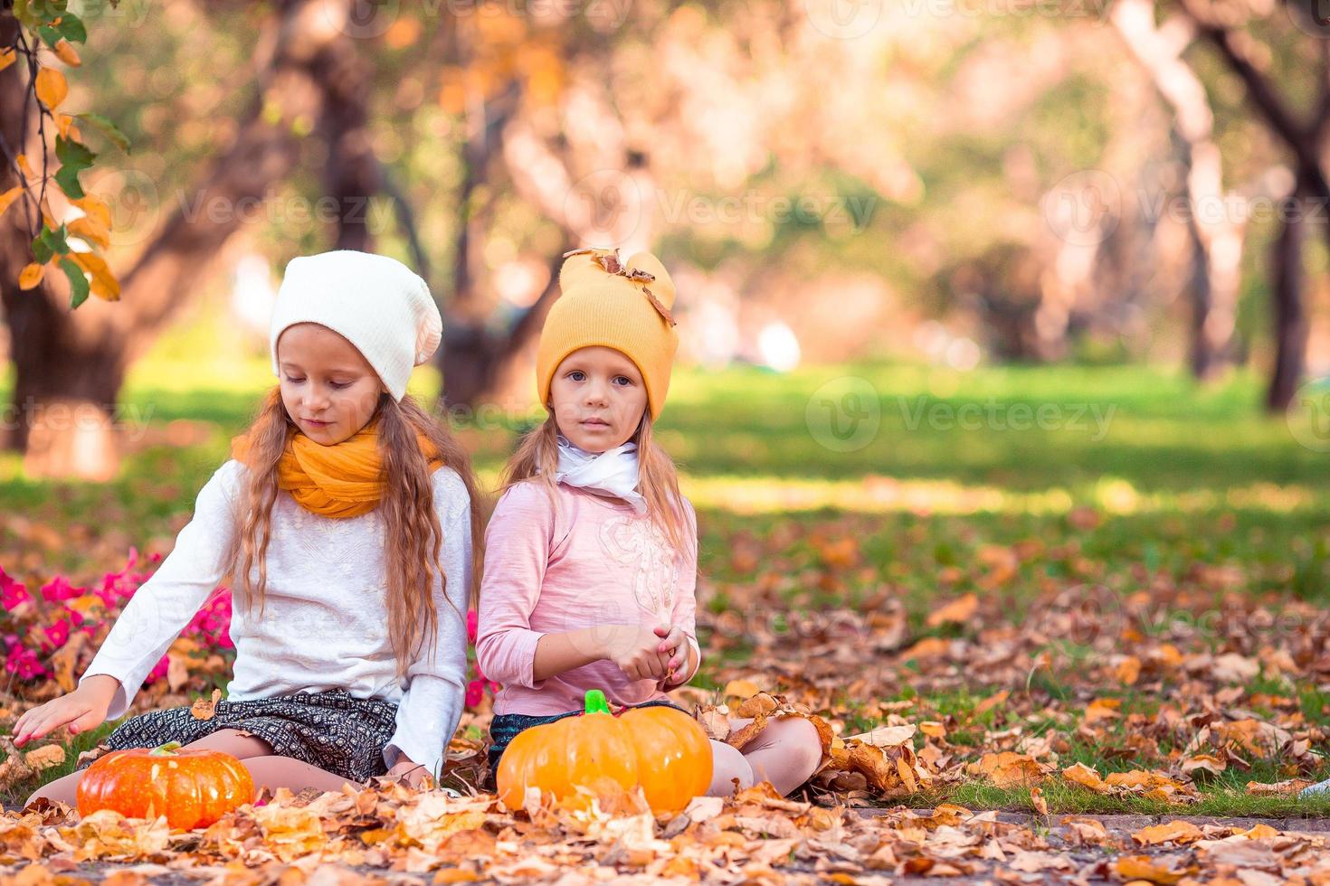 Kleine entzückende Mädchen mit Kürbis im Freien an einem warmen Herbsttag. foto