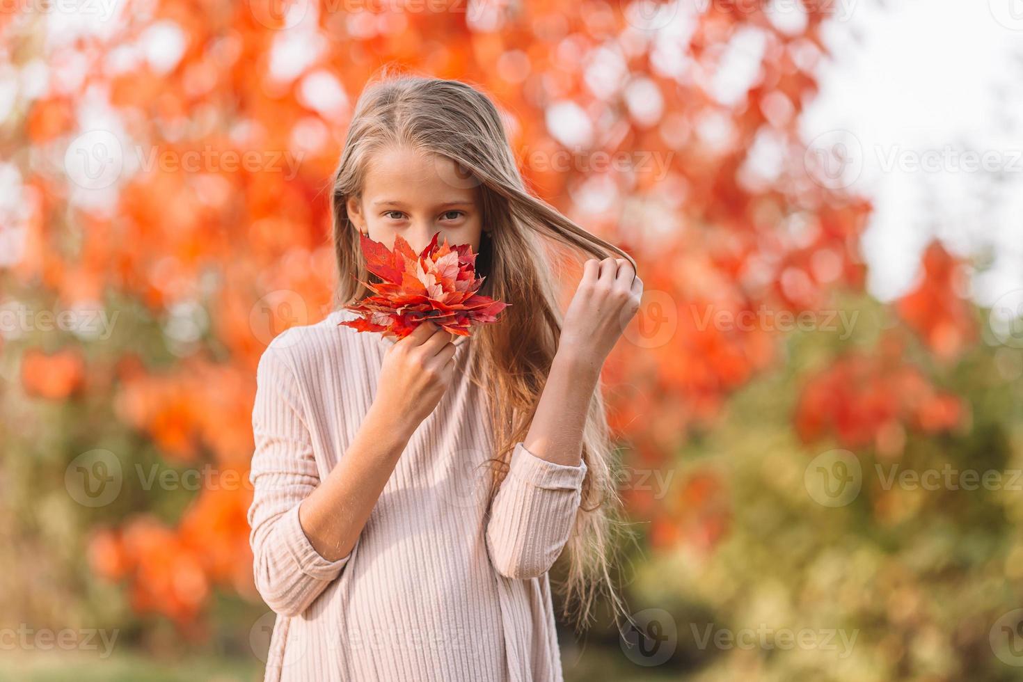 Porträt eines entzückenden kleinen Mädchens mit gelbem Blätterstrauß im Herbst foto