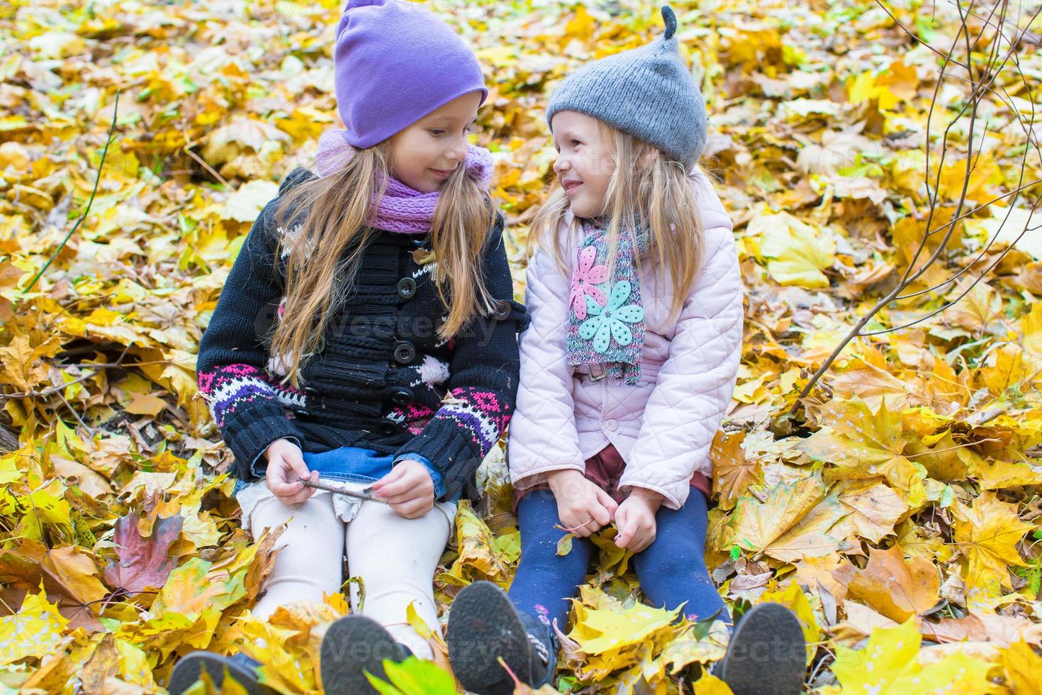 Kleine süße Mädchen auf der Herbstwiese an einem sonnigen Herbsttag foto