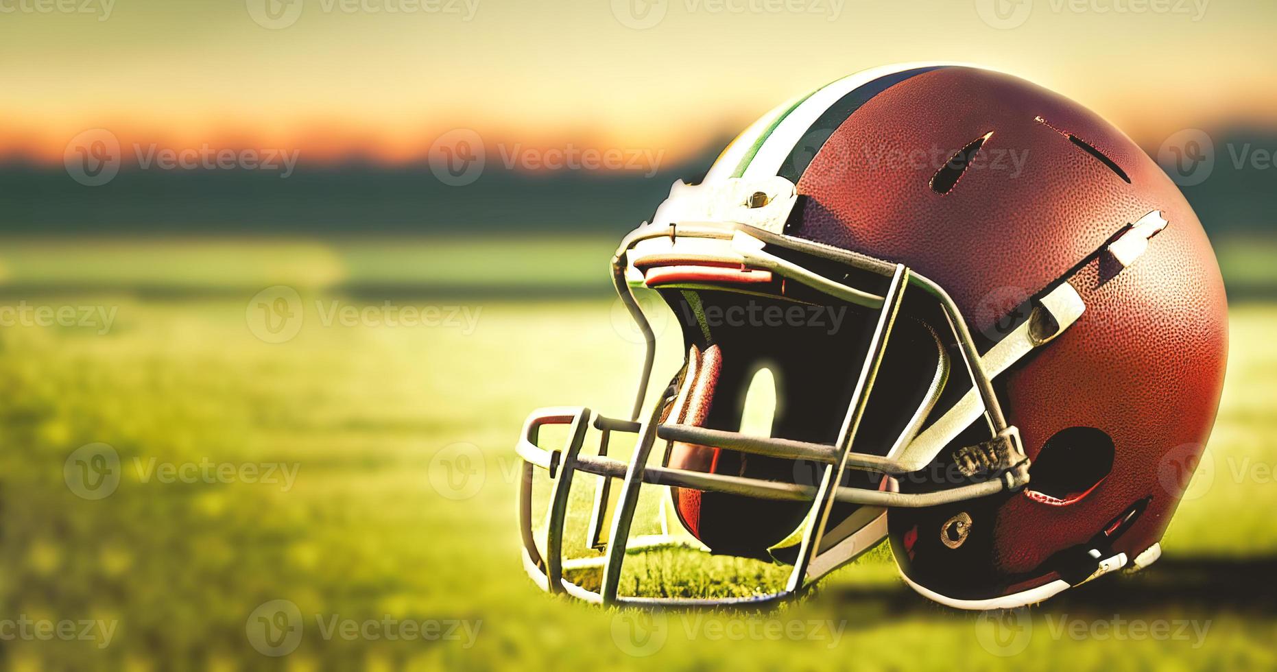 American Football und Helm auf dem Feldhintergrund foto