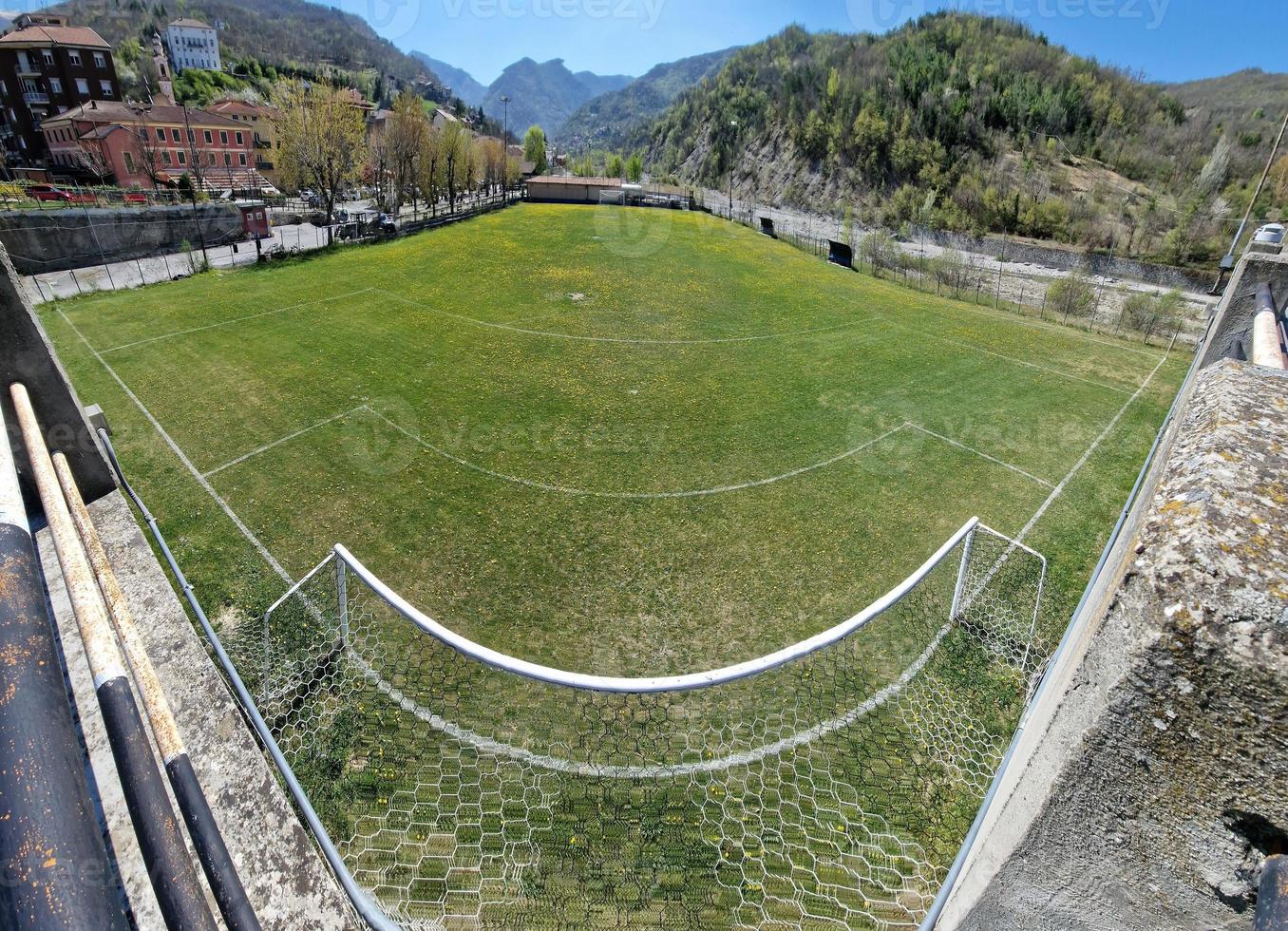 Country-Fußballplatz grünes Gras mit gelben Blüten foto