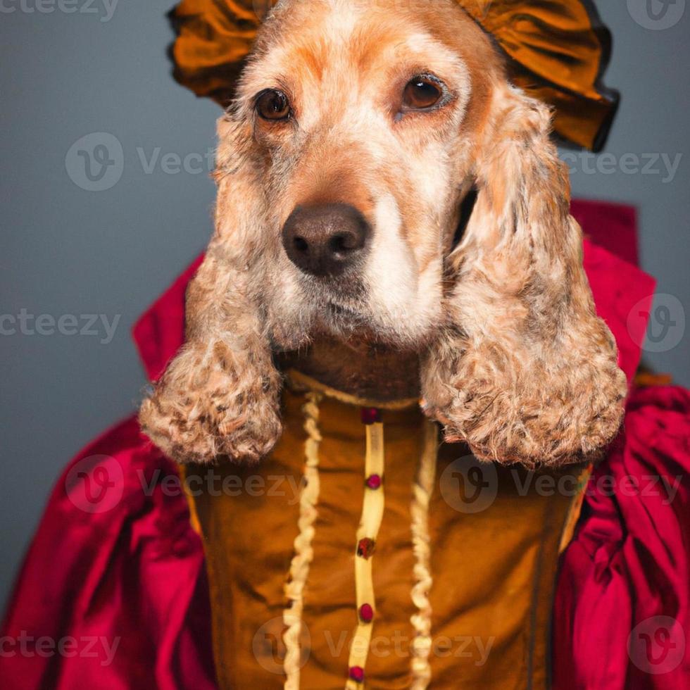 detailliertes Porträt des braunen Cockerspaniels als Mensch in mittelalterlicher weiblicher Kleidung foto