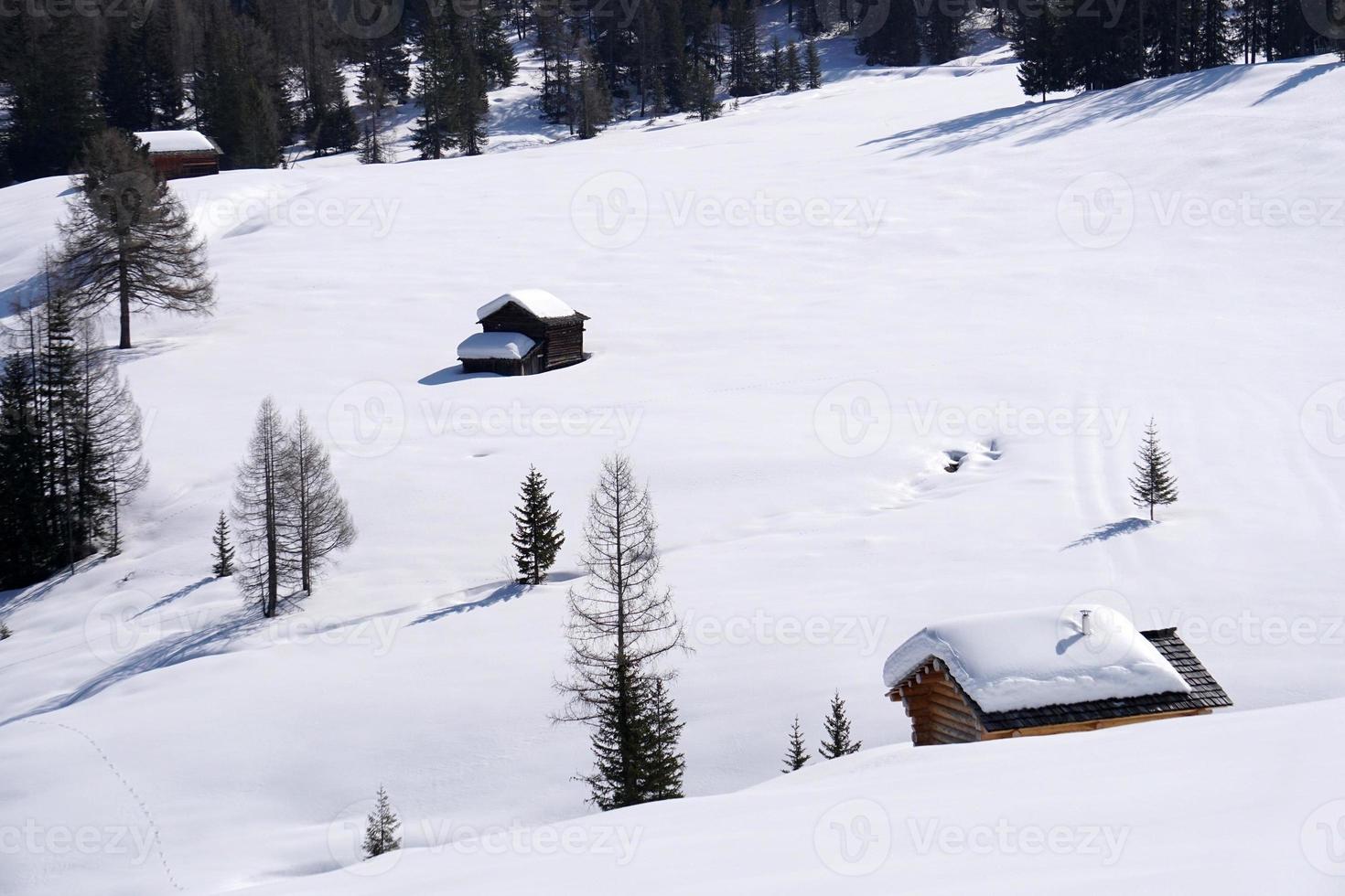 Holzhütte im Winterschneehintergrund foto