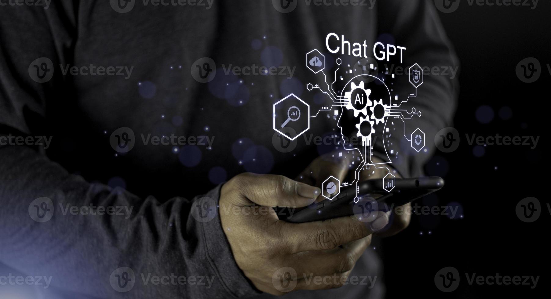 Geschäftsmann mit Lichtsymbol GPT-Intelligenz ai.chat GPT-Chat mit künstlicher Intelligenz von Ai, Chat generieren. futuristische technologie, roboter im online-system. foto