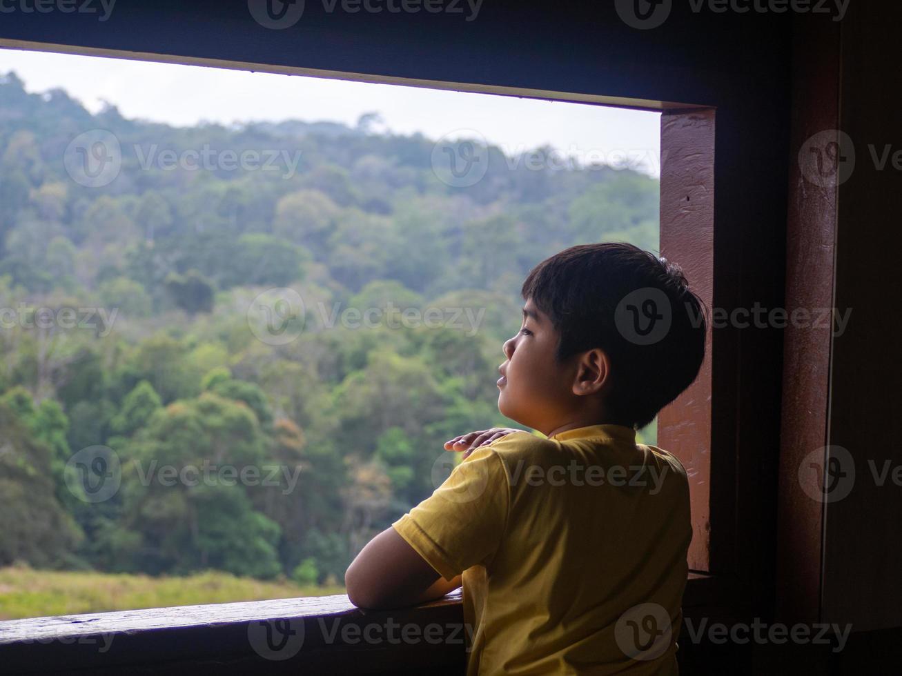 Junge, der aus dem Fenster blickt und den grünen Wald betrachtet foto