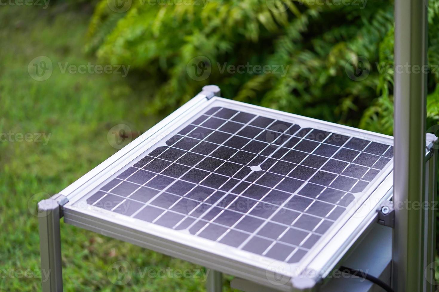 Eine neue Solarzelle wird zwischen Baumpflanzen im Garten niedergelegt. foto