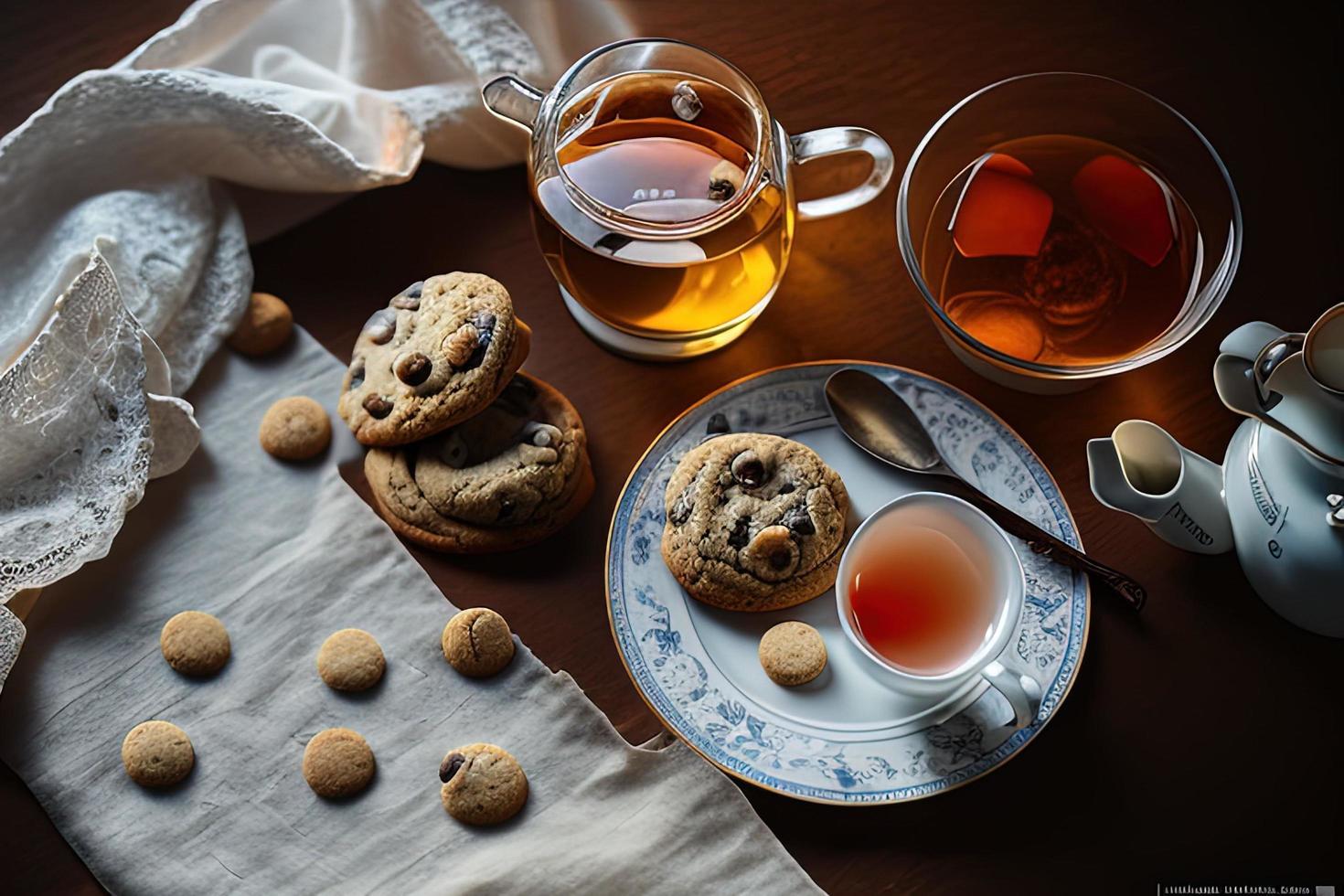 Fotografie eines Tellers mit Keksen und einem Glas Tee auf einem Tisch mit einem Tuch und einer Serviette darauf foto