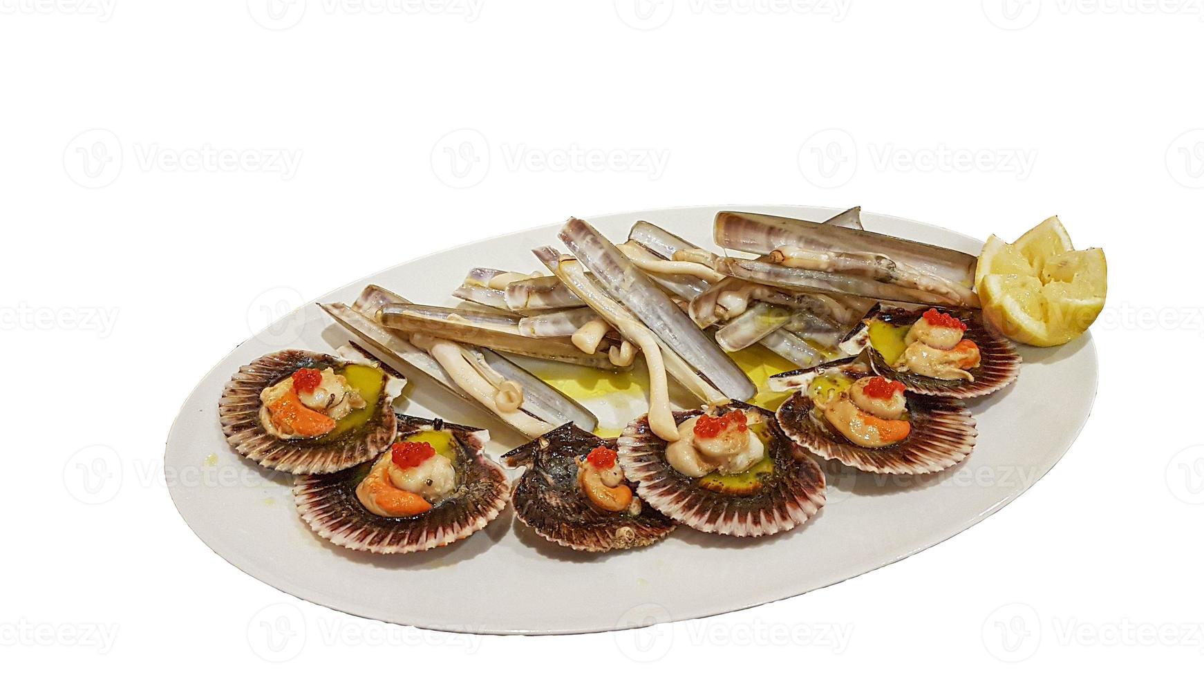 Closeup Bild einer Platte mit verschiedenen Muscheln vor weißem Hintergrund foto