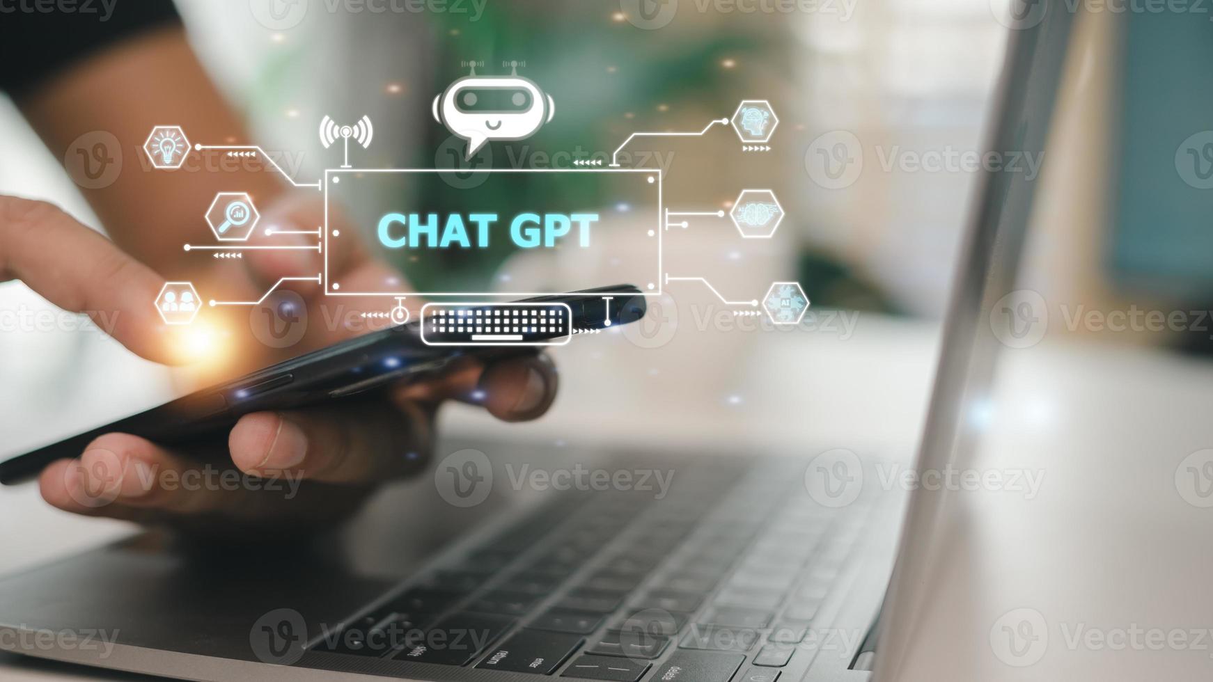 Chatgpt-Chat mit KI oder künstlicher Intelligenz. geschäftliches Chatten mit einer intelligenten KI oder künstlicher Intelligenz mit einem von openai entwickelten Chatbot mit künstlicher Intelligenz. foto