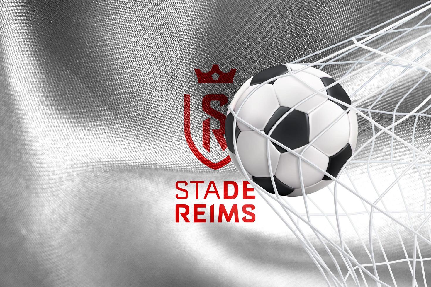 UEFA Champions League 2023, Stade de Reims-Flagge mit einem Fußball im Netz, UEFA-Hintergrundbild, 3D-Arbeit und 3D-Bild. Eriwan, Armenien - 27. Januar 2023 foto