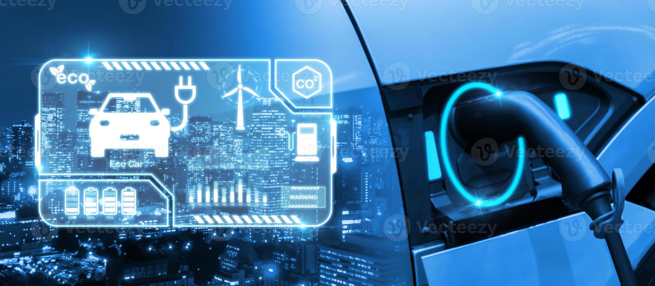 Laden von Elektrofahrzeugen mit Stromkabel an der Station mit Symbol und Stadt im Hintergrund, EV-Ladestation, grüne Energie, blaue Energie, elektrische Energie, Technologie und EV-Autokonzept foto