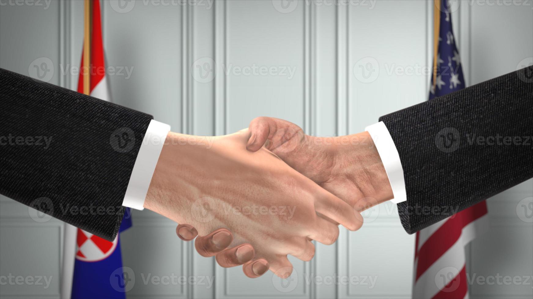 Partnerschaftsgeschäft zwischen Kroatien und den USA. Flaggen der nationalen Regierung. offizielle Diplomatie-Handshake 3D-Illustration. Vereinbarung Geschäftsmann Hände schütteln foto