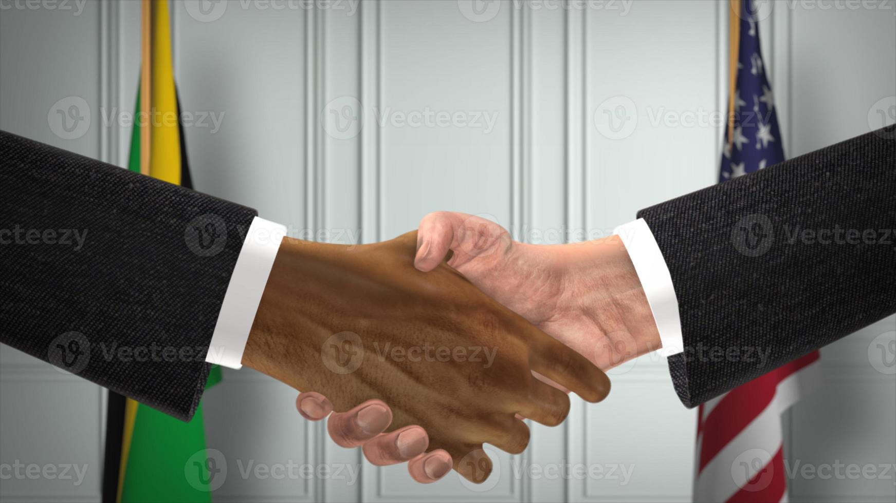 Partnerschaftsgeschäft zwischen Jamaika und den USA. Flaggen der nationalen Regierung. offizielle Diplomatie-Handshake 3D-Illustration. Vereinbarung Geschäftsmann Hände schütteln foto